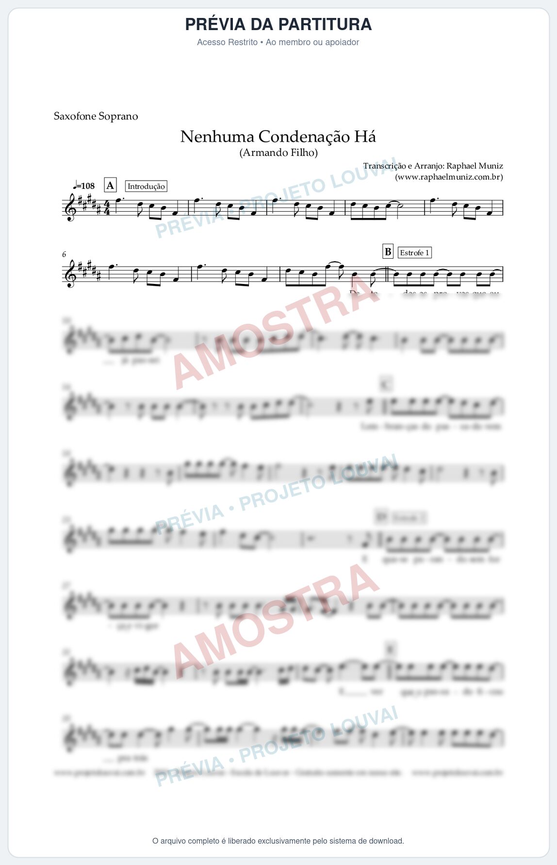 Prévia protegida da primeira página da partitura Partitura para Sax Soprano - Nenhuma Condenação Há - Armando Filho