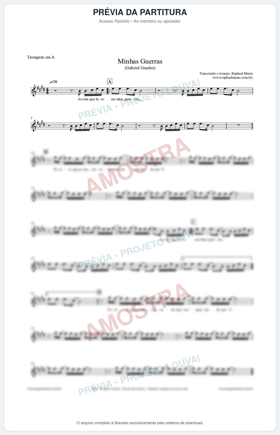 Prévia protegida da primeira página da partitura Partitura para Trompete em A - Minhas Guerras - Gabriel Guedes