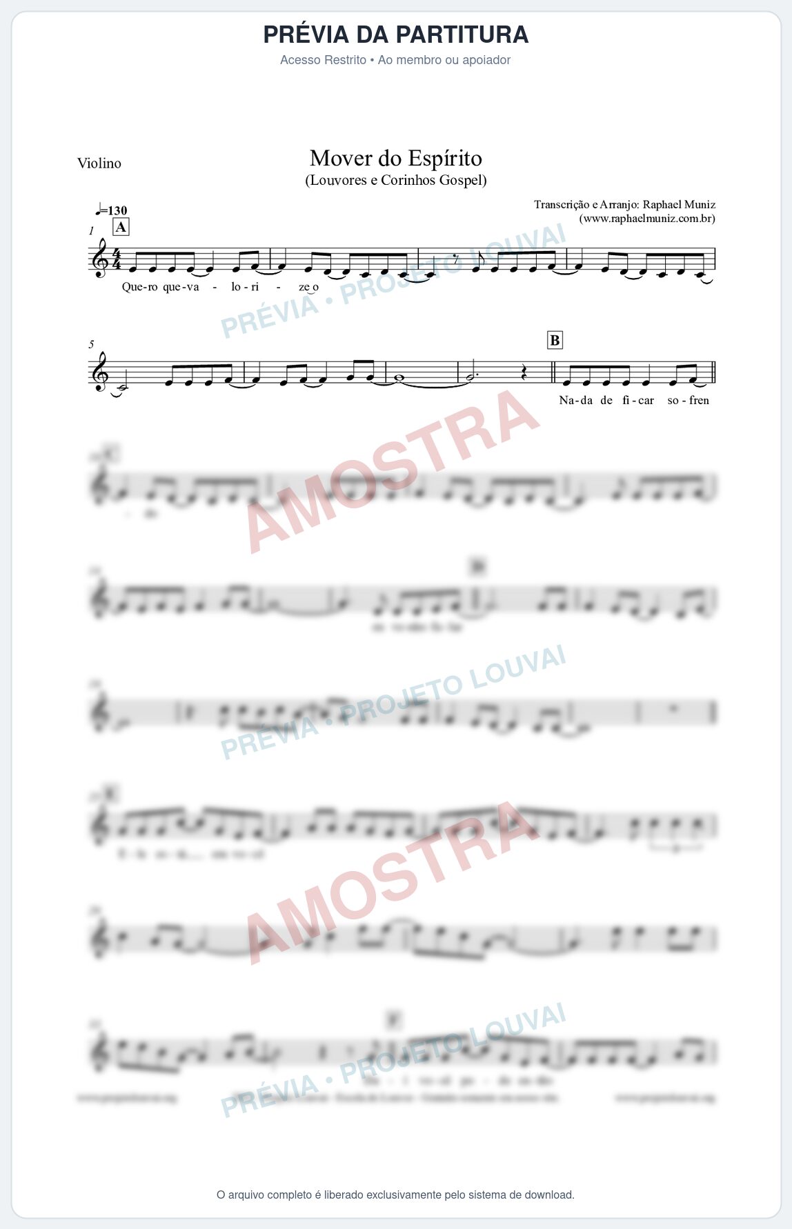 Prévia protegida da primeira página da partitura Partitura para Violino - Mover do Espírito - Louvores e Corinhos Gospel