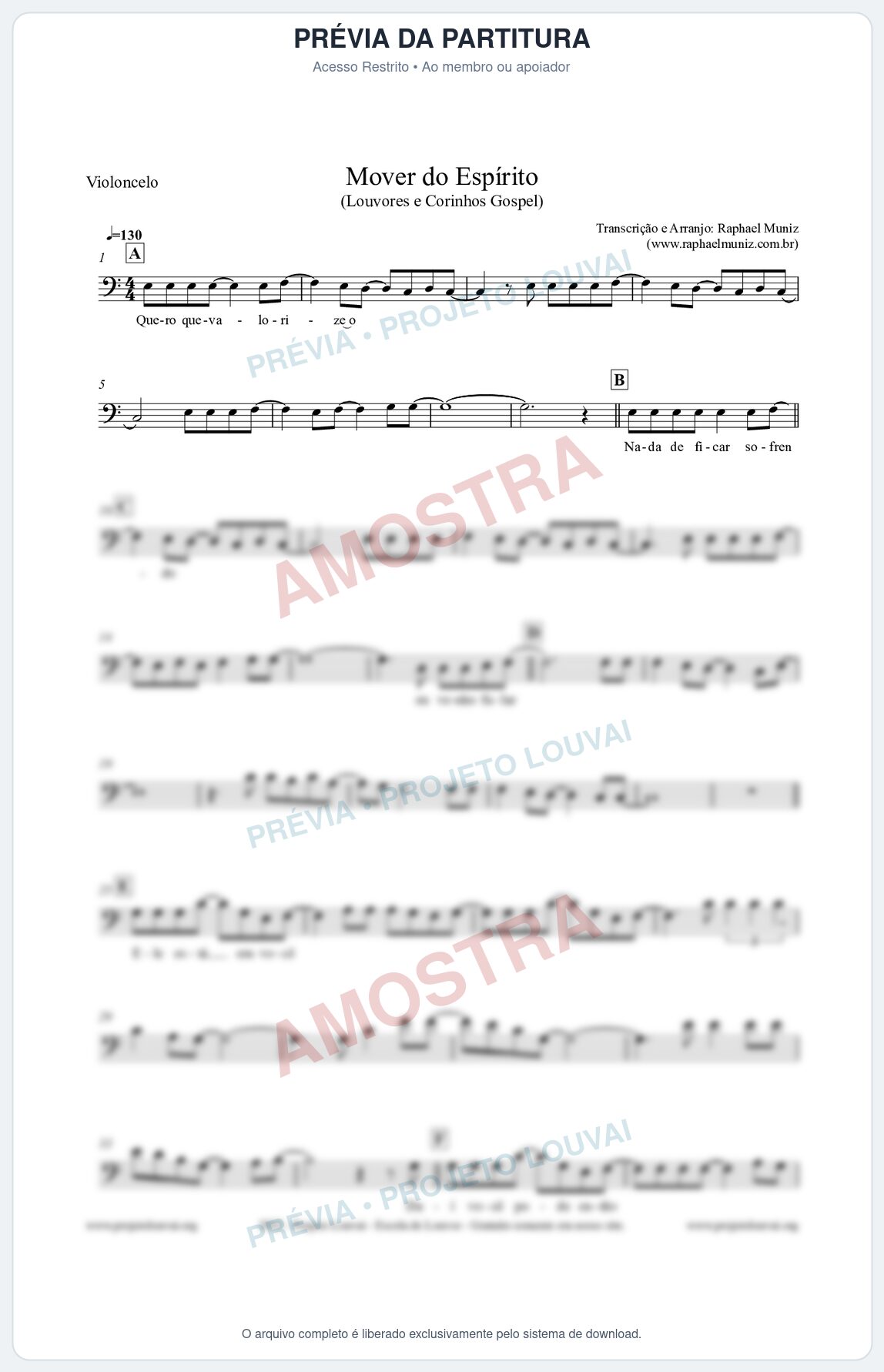 Prévia protegida da primeira página da partitura Partitura para Violoncelo - Mover do Espírito - Louvores e Corinhos Gospel
