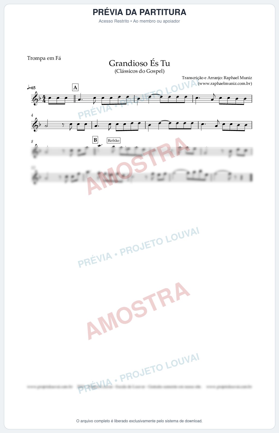 Prévia protegida da primeira página da partitura Partitura para Trompa em Fá - Grandioso És Tu - Harpa Cristã nº 526 - Clássicos do Gospel