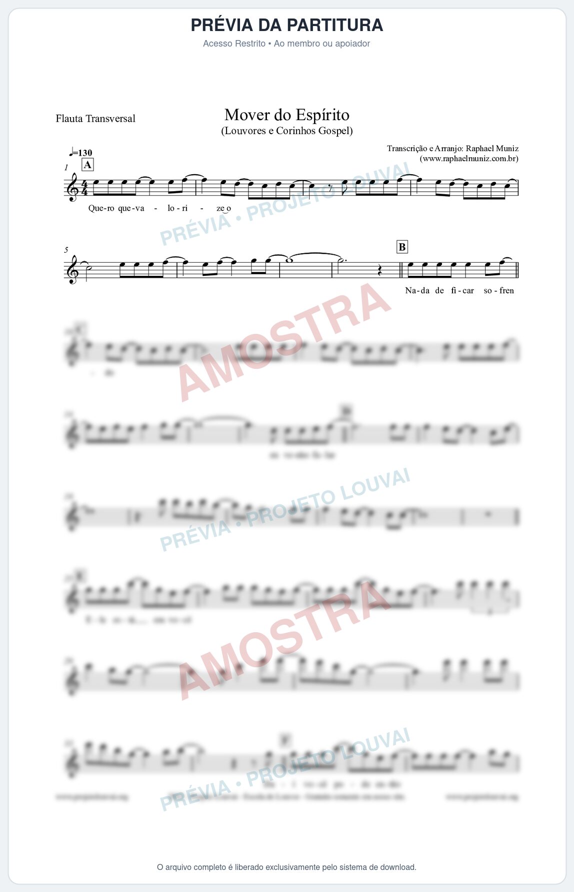 Prévia protegida da primeira página da partitura Partitura para Flauta Transversal - Mover do Espírito - Louvores e Corinhos Gospel
