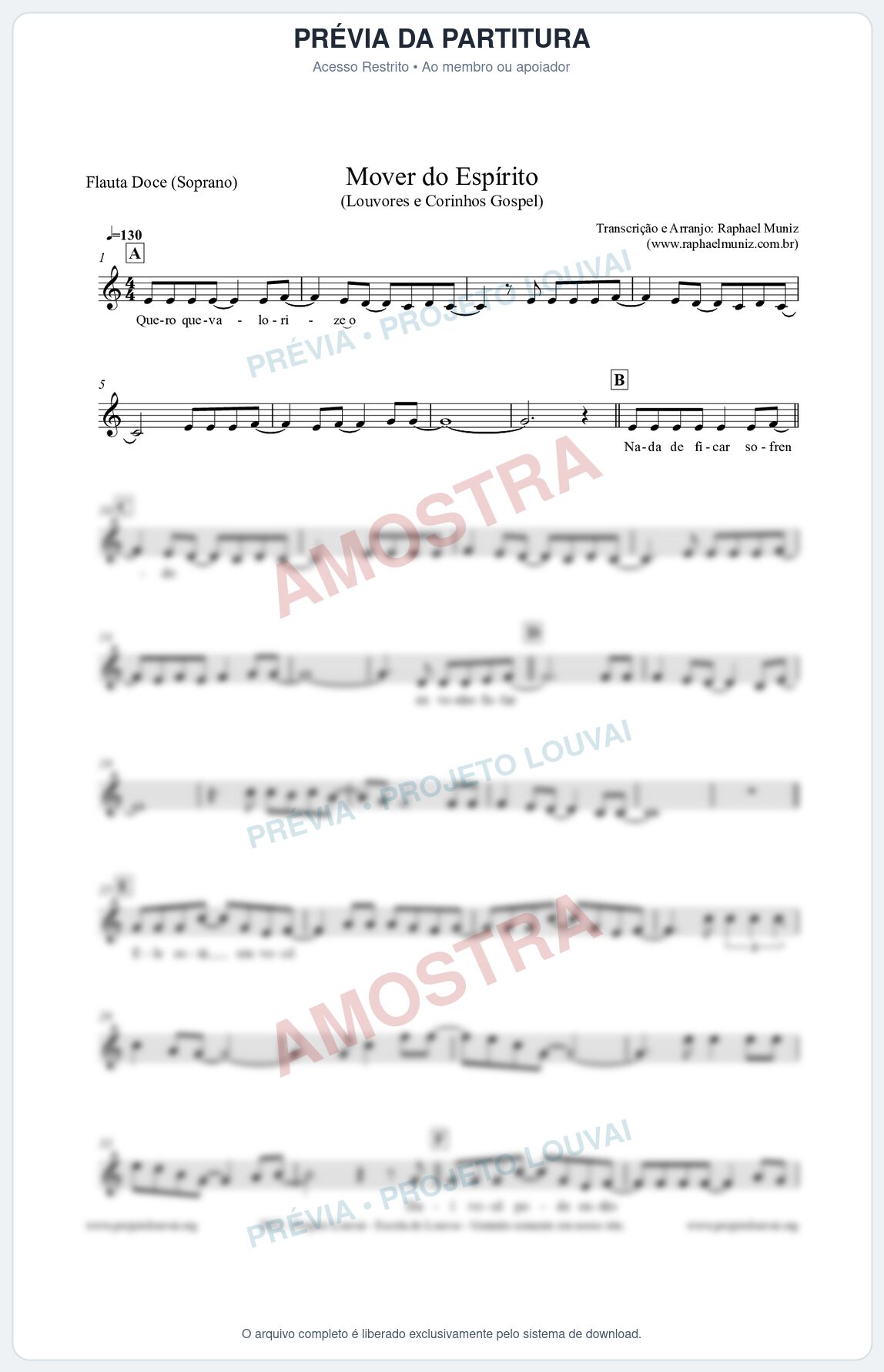 Prévia protegida da primeira página da partitura Partitura para Flauta Doce (Soprano) - Mover do Espírito - Louvores e Corinhos Gospel