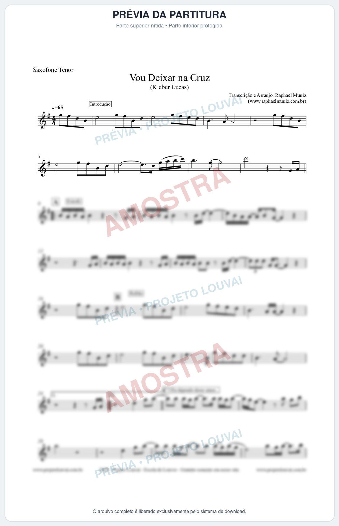 Prévia protegida da primeira página da partitura Partitura para Sax Tenor - Vou Deixar na Cruz - Kleber Lucas