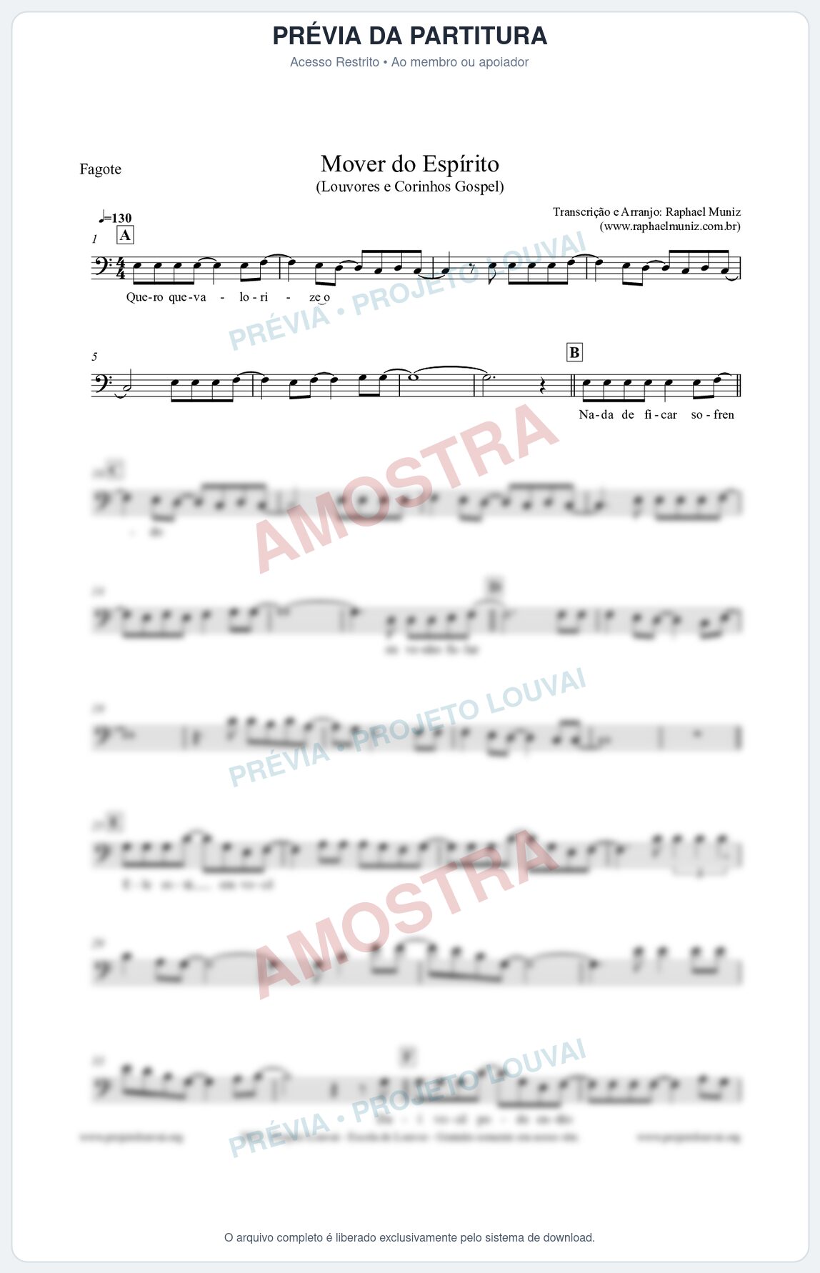 Prévia protegida da primeira página da partitura Partitura para Fagote - Mover do Espírito - Louvores e Corinhos Gospel