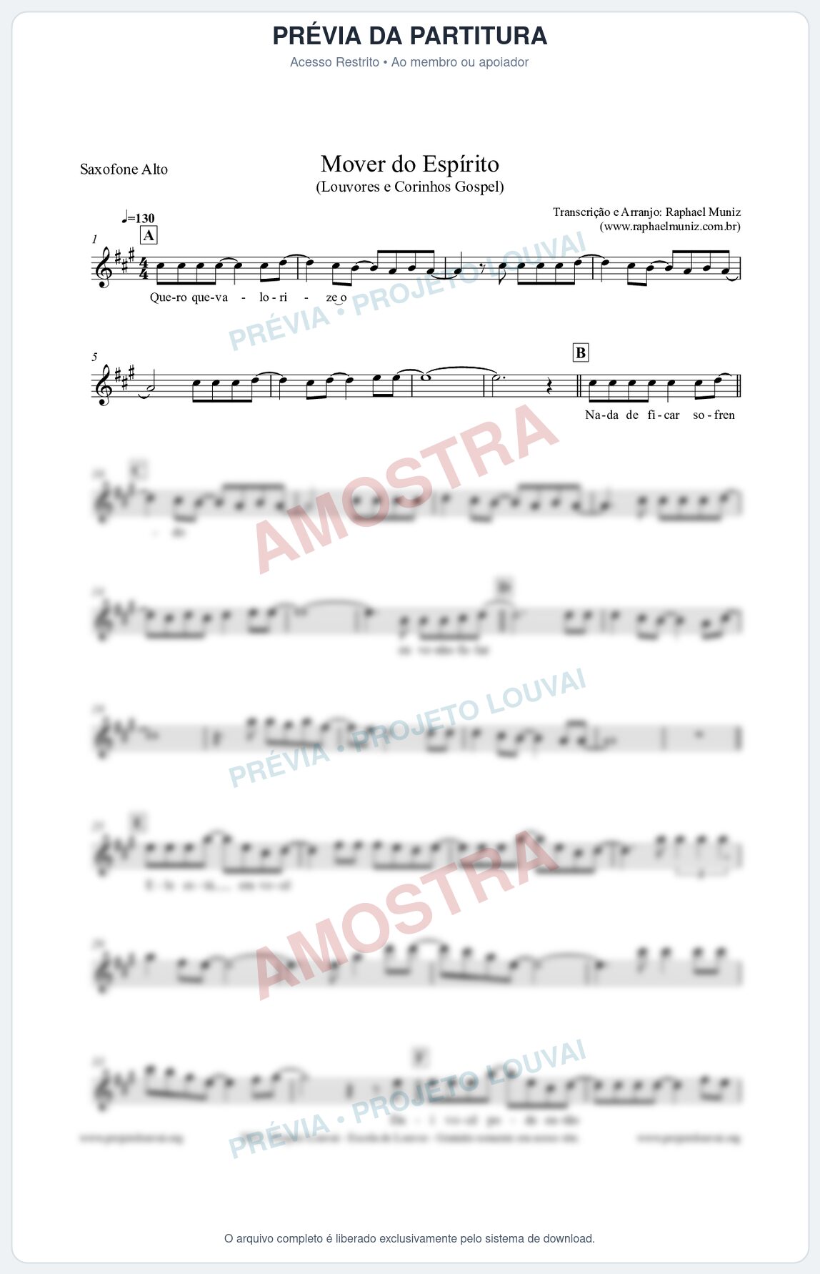 Prévia protegida da primeira página da partitura Partitura para Saxofone Alto - Mover do Espírito - Louvores e Corinhos Gospel
