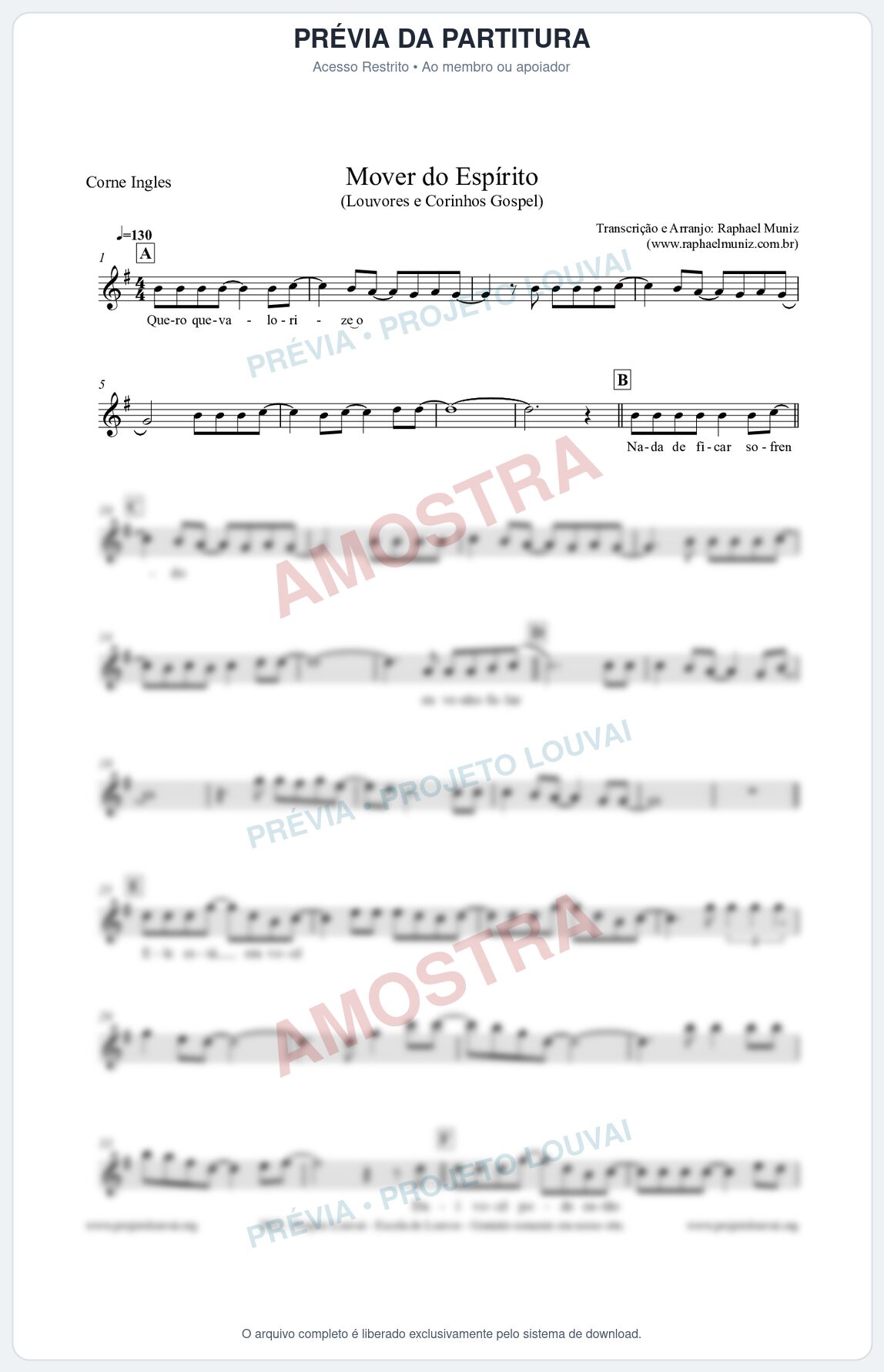 Prévia protegida da primeira página da partitura Partitura para Corne Inglês - Mover do Espírito - Louvores e Corinhos Gospel