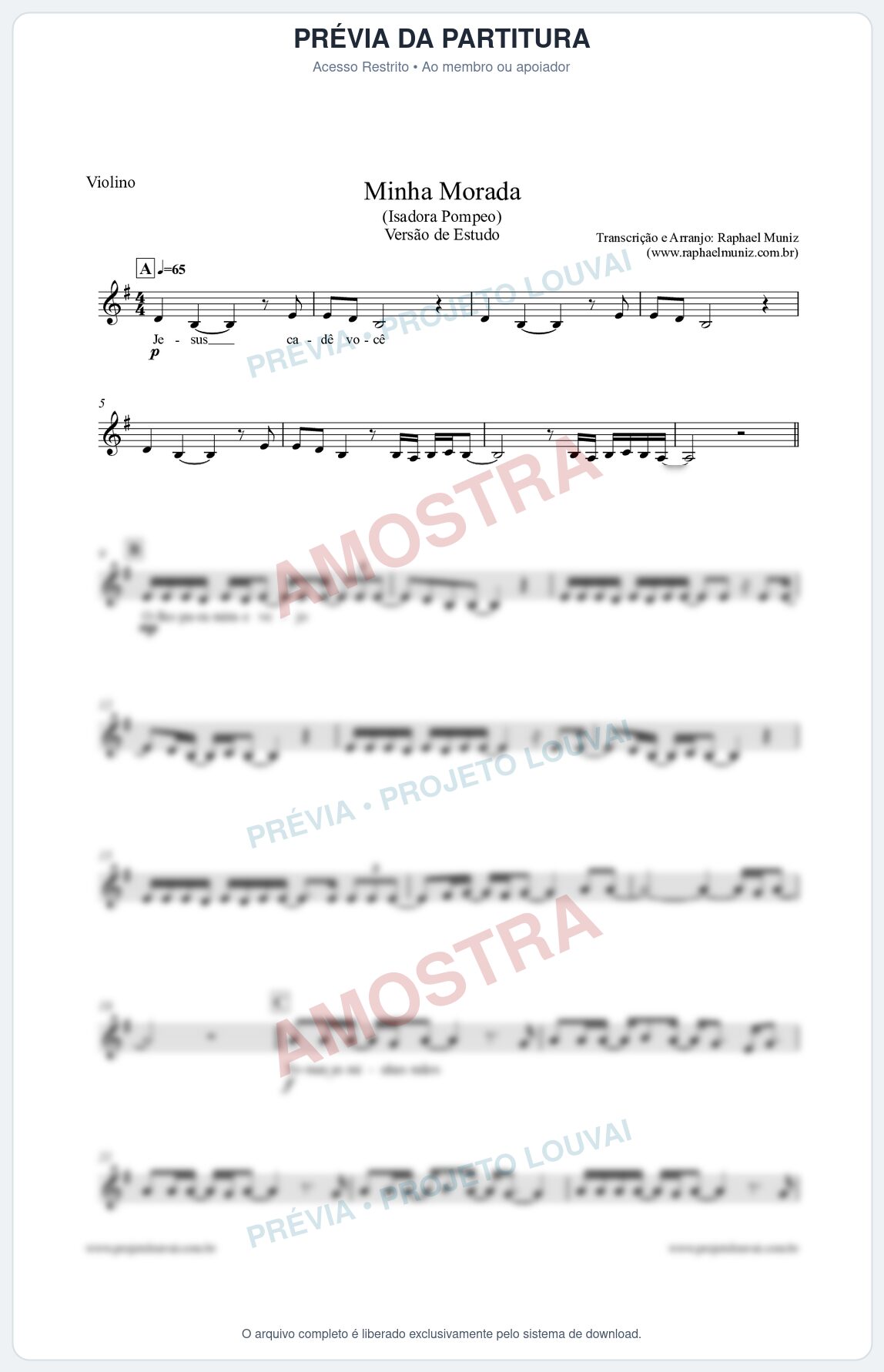 Prévia protegida da primeira página da partitura Partitura para Violino - Minha Morada (Versão de Estudo) - Isadora Pompeo