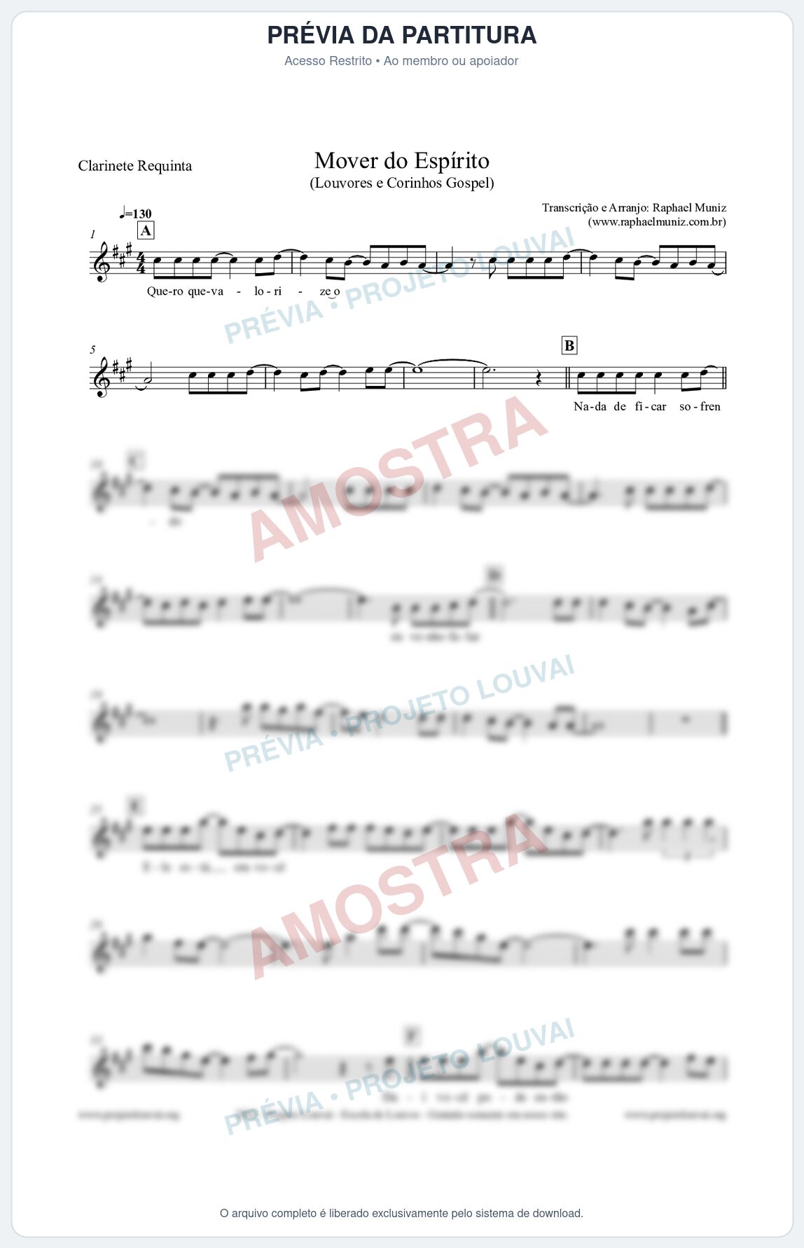 Prévia protegida da primeira página da partitura Partitura para Clarinete Requinta - Mover do Espírito - Louvores e Corinhos Gospel