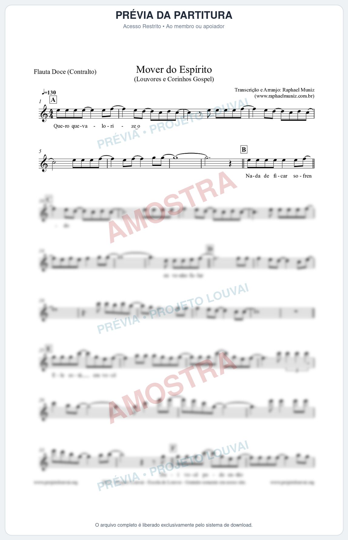 Prévia protegida da primeira página da partitura Partitura para Flauta Doce (Contralto) - Mover do Espírito - Louvores e Corinhos Gospel