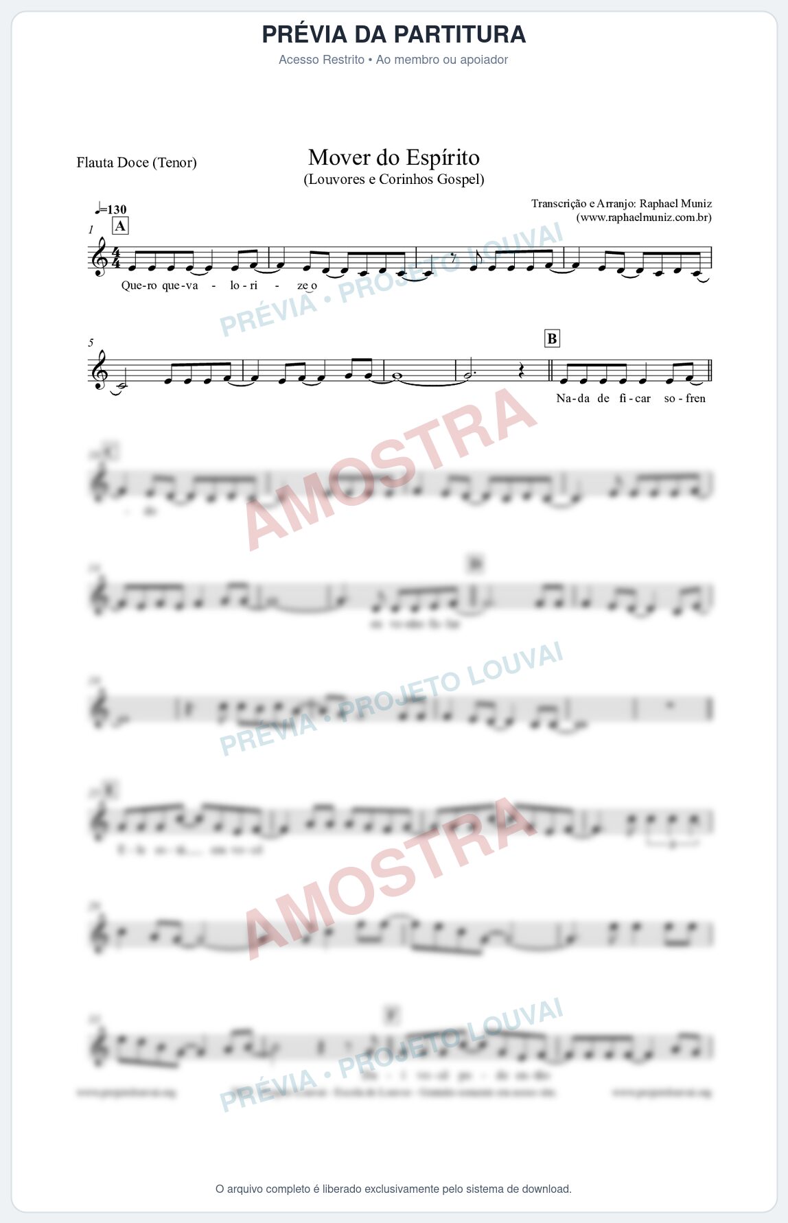 Prévia protegida da primeira página da partitura Partitura para Flauta Doce (Tenor) - Mover do Espírito - Louvores e Corinhos Gospel