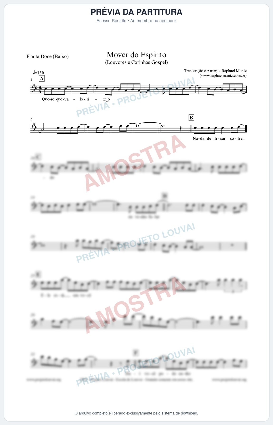 Prévia protegida da primeira página da partitura Partitura para Flauta Doce (Baixo) - Mover do Espírito - Louvores e Corinhos Gospel