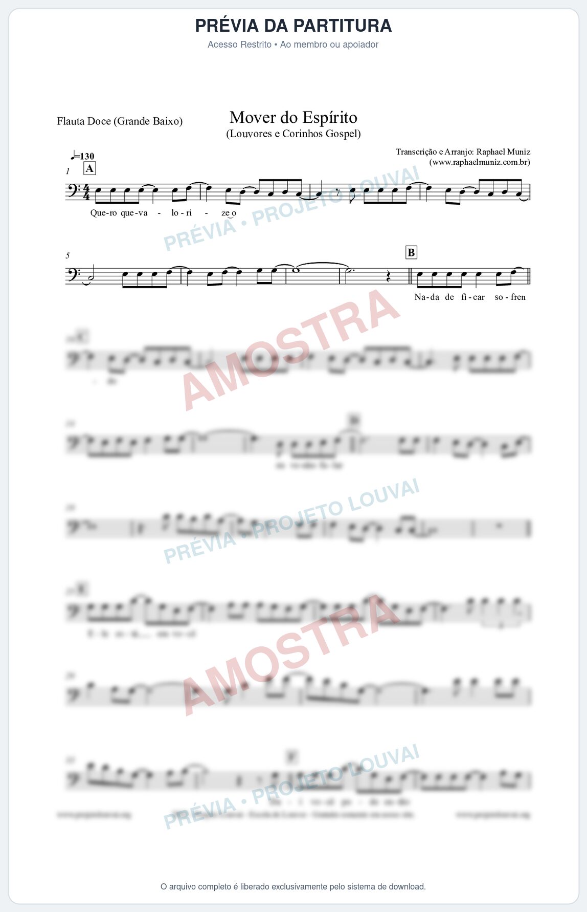 Prévia protegida da primeira página da partitura Partitura para Flauta Doce (Grande Baixo) - Mover do Espírito - Louvores e Corinhos Gospel