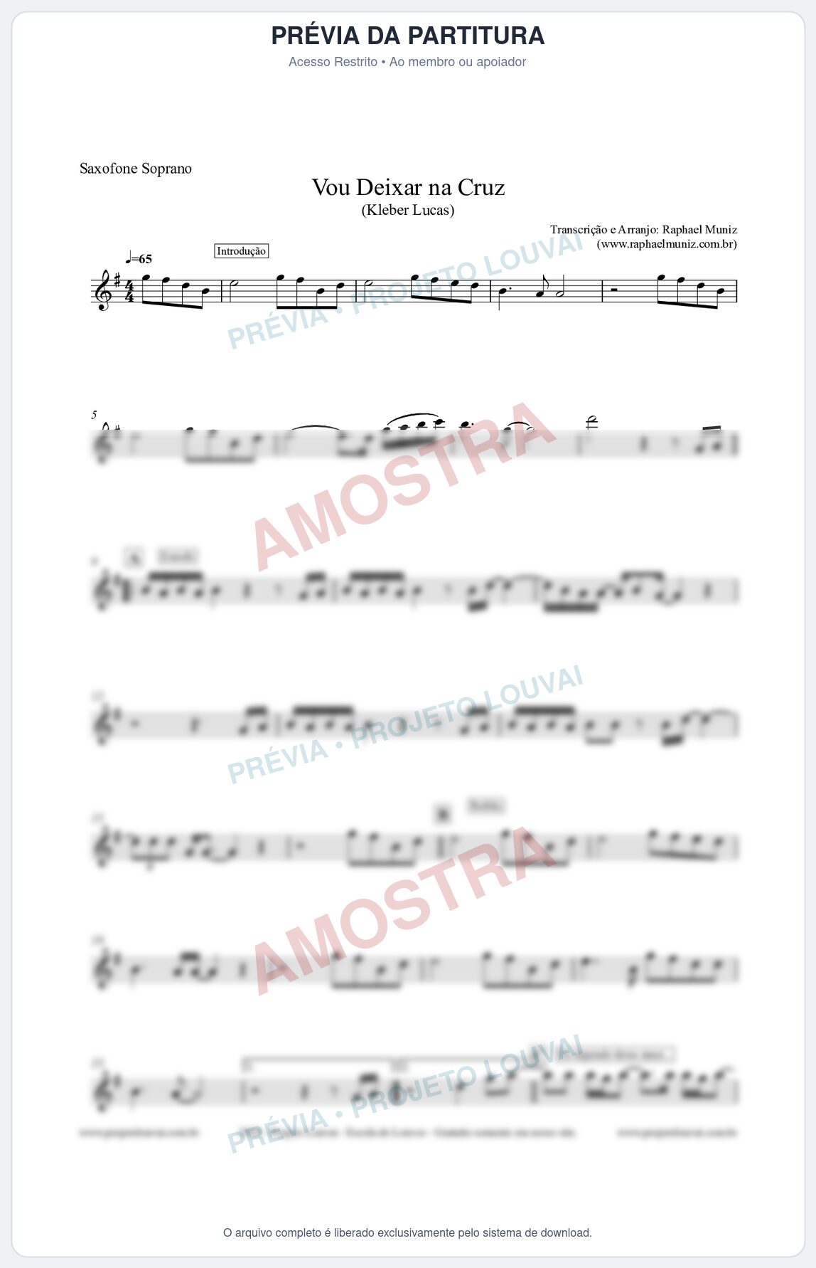 Prévia protegida da primeira página da partitura Partitura para Sax Soprano - Vou Deixar na Cruz - Kleber Lucas