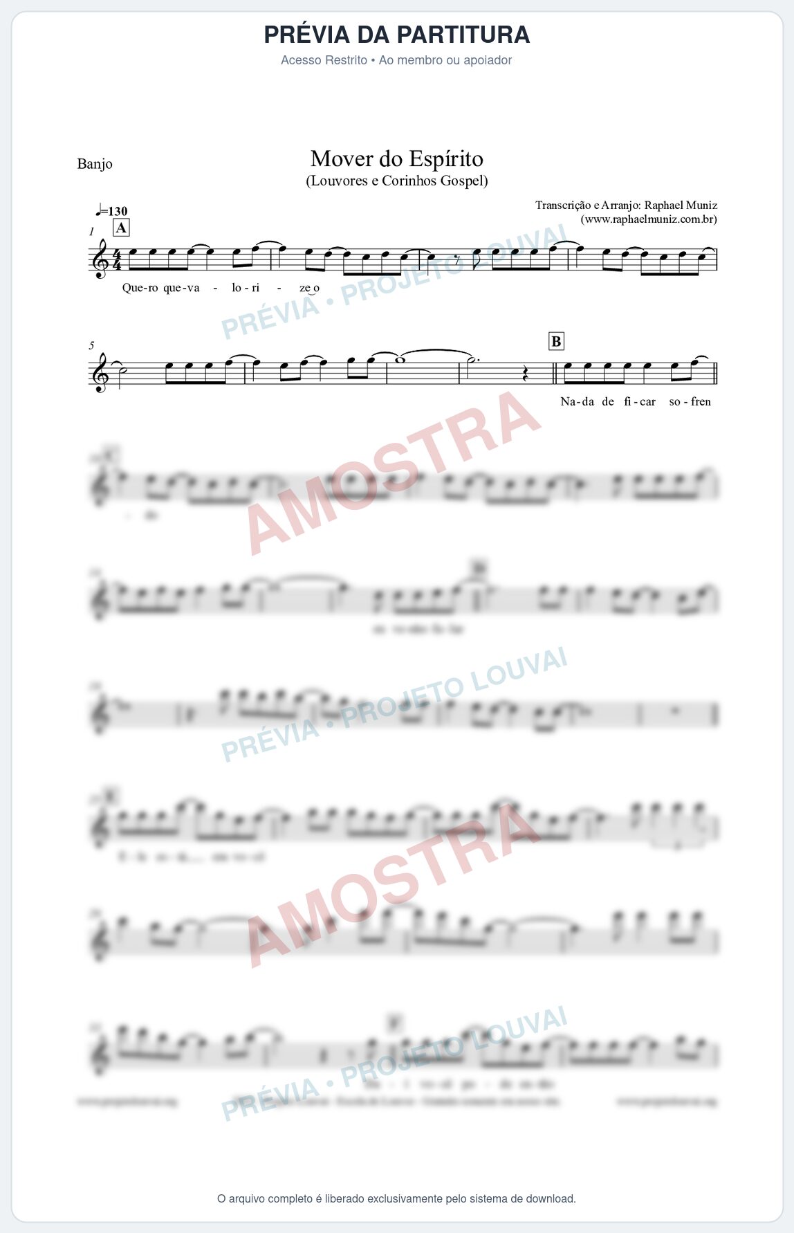 Prévia protegida da primeira página da partitura Partitura para Banjo - Mover do Espírito - Louvores e Corinhos Gospel