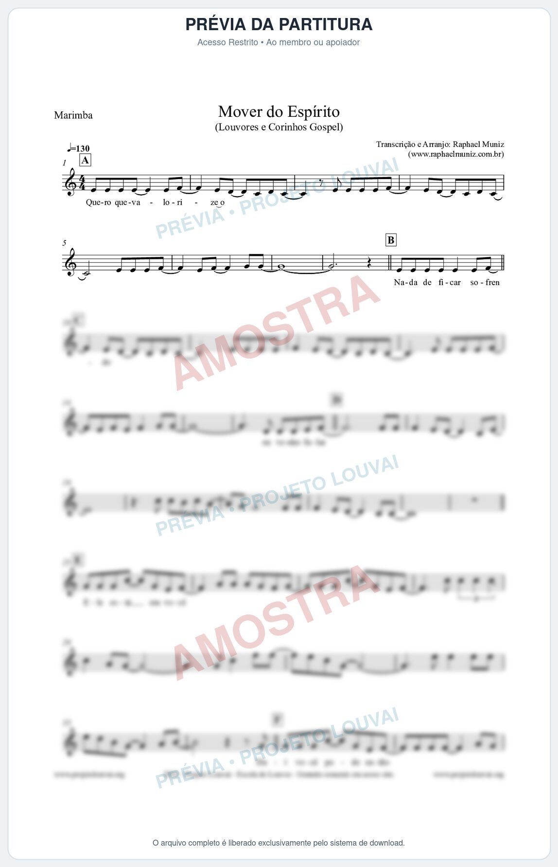Prévia protegida da primeira página da partitura Partitura para Marimba - Mover do Espírito - Louvores e Corinhos Gospel