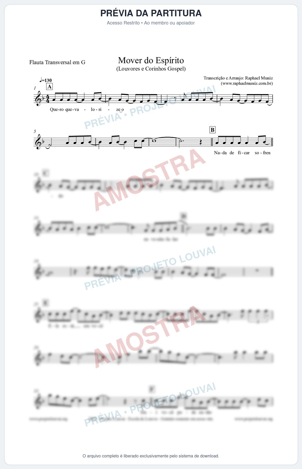 Prévia protegida da primeira página da partitura Partitura para Flauta Transversal em G - Mover do Espírito - Louvores e Corinhos Gospel
