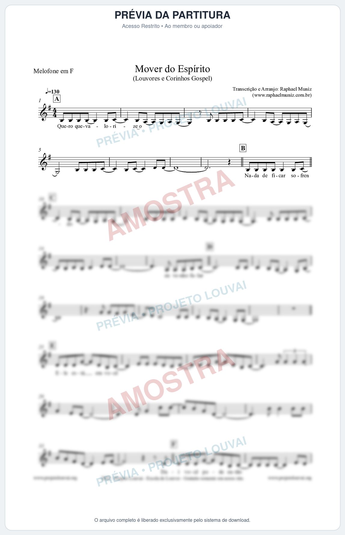 Prévia protegida da primeira página da partitura Partitura para Melofone em F - Mover do Espírito - Louvores e Corinhos Gospel