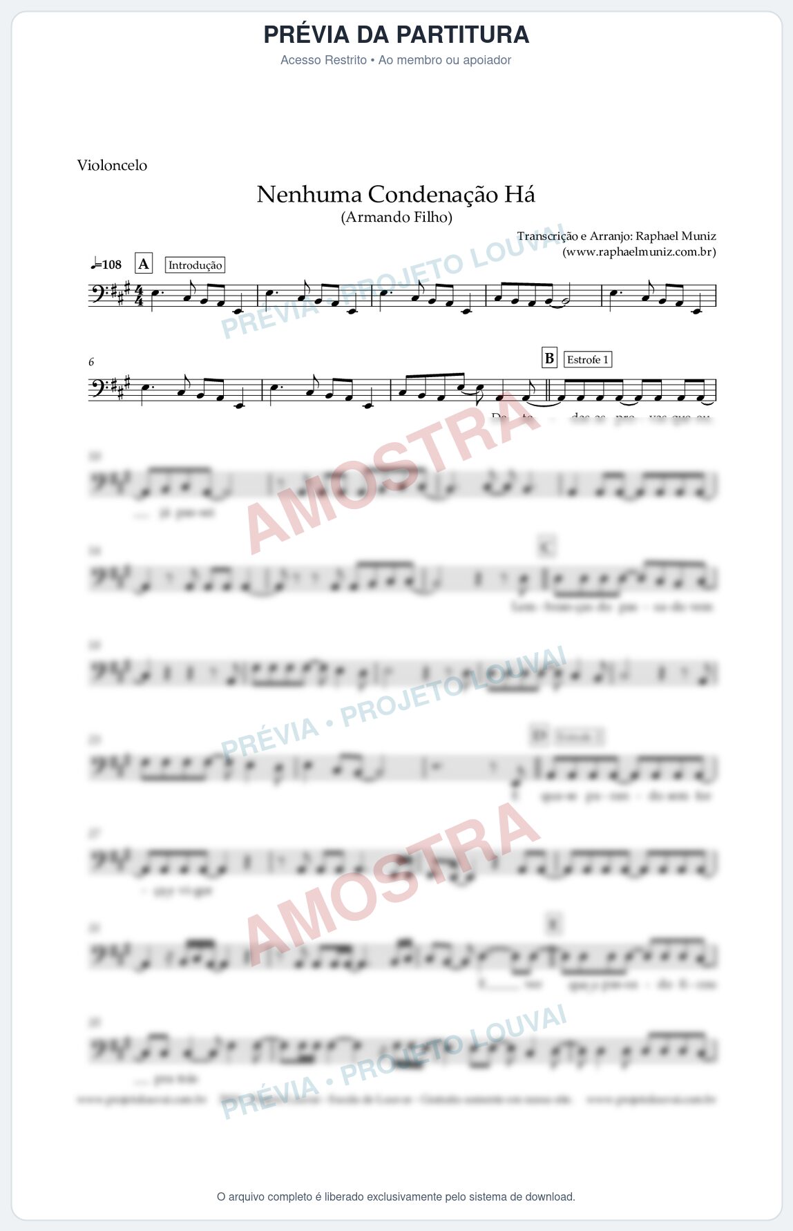Prévia protegida da primeira página da partitura Partitura para Violoncelo - Nenhuma Condenação Há - Armando Filho