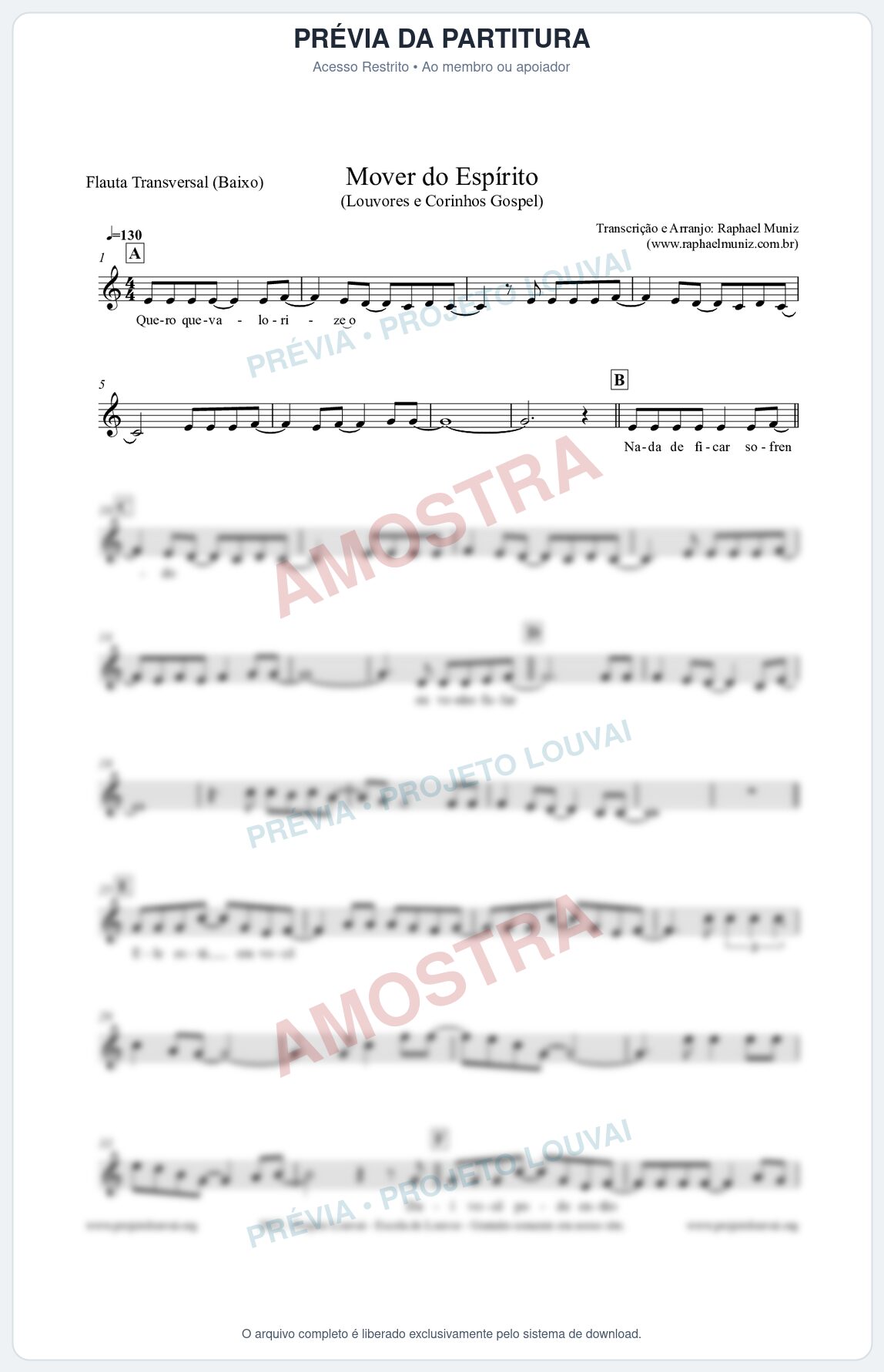Prévia protegida da primeira página da partitura Partitura para Flauta Transversal (Baixo) - Mover do Espírito - Louvores e Corinhos Gospel