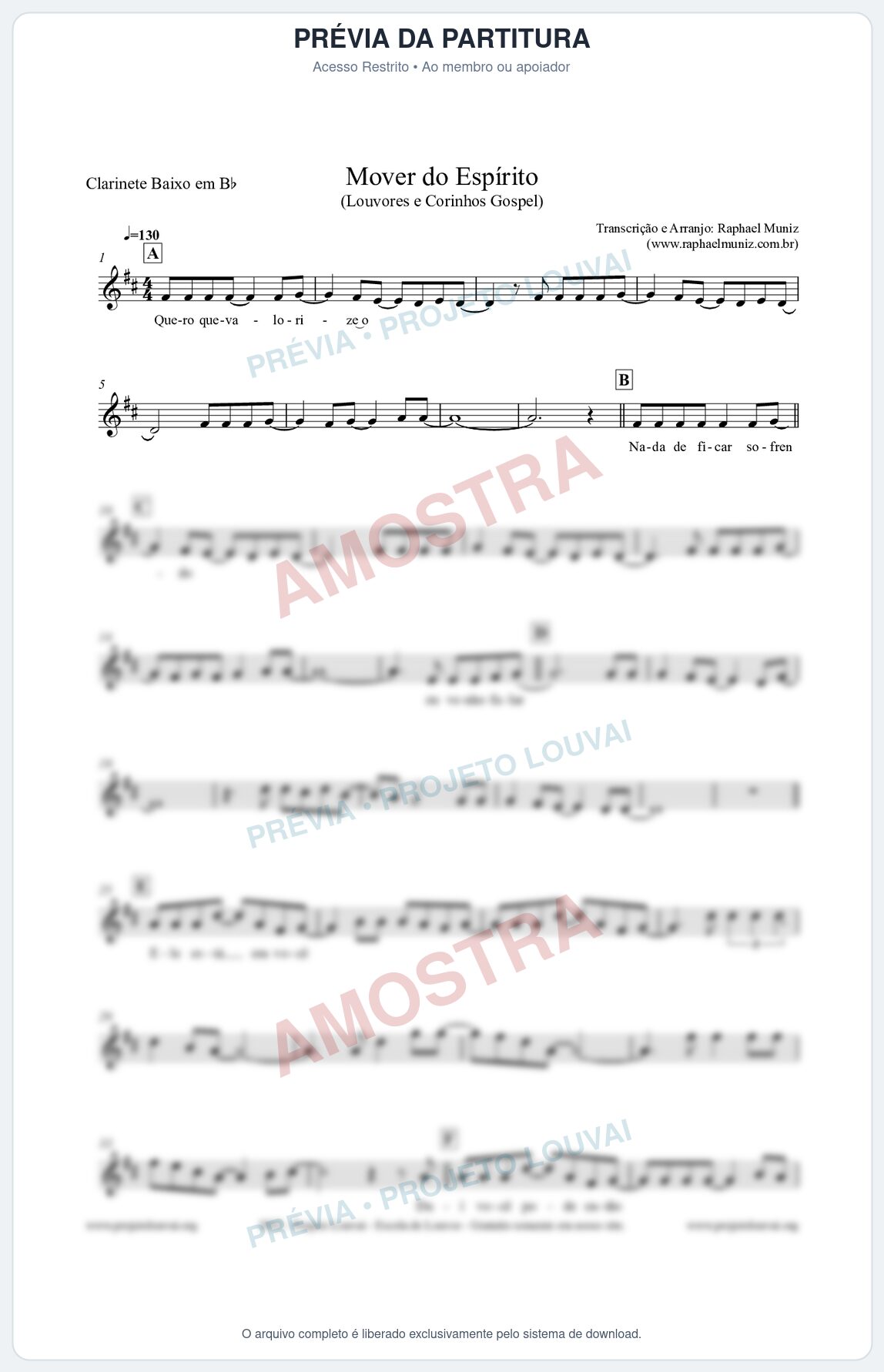 Prévia protegida da primeira página da partitura Partitura para Clarinete Baixo em Bb - Mover do Espírito - Louvores e Corinhos Gospel