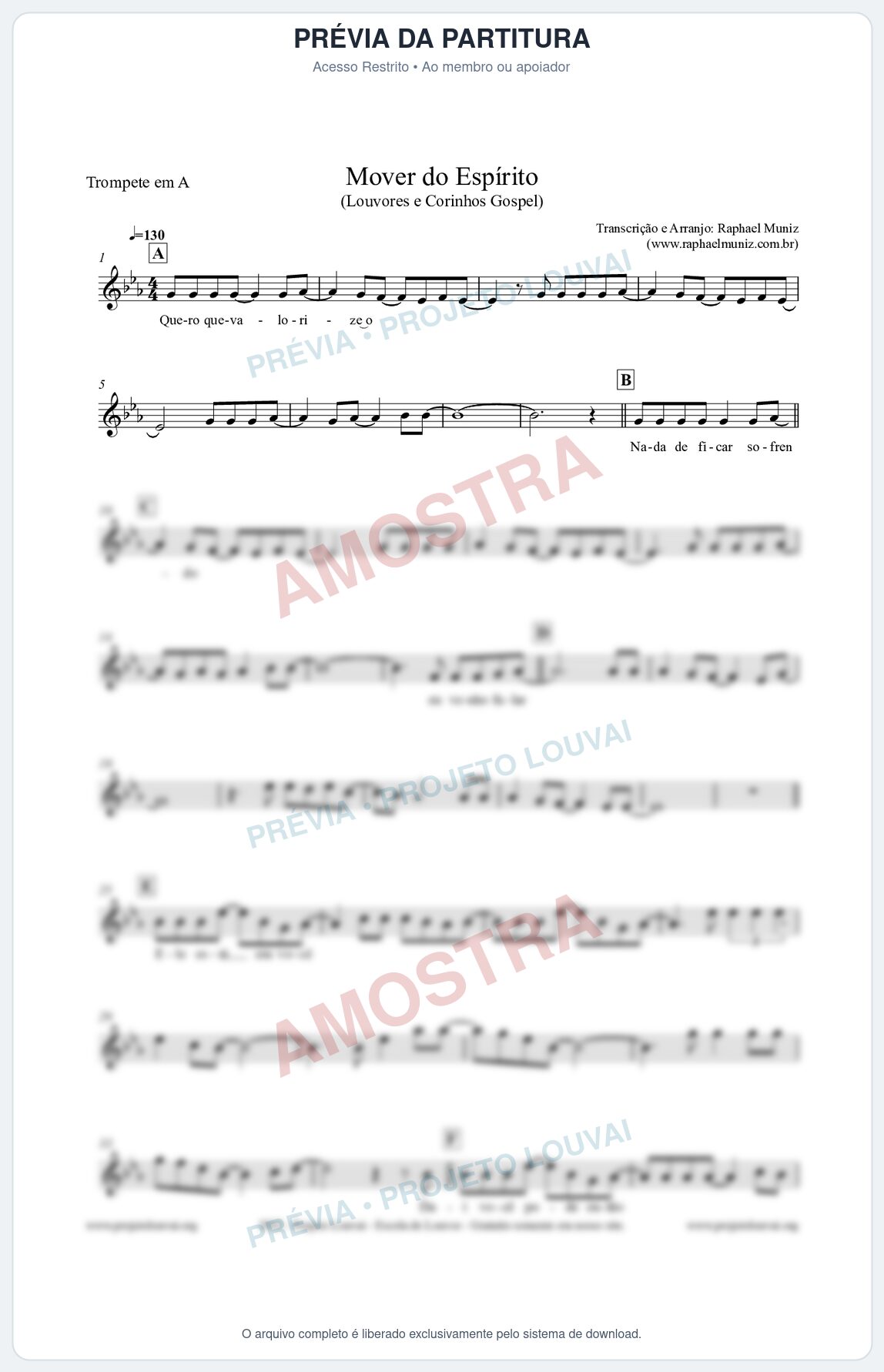 Prévia protegida da primeira página da partitura Partitura para Trompete em A - Mover do Espírito - Louvores e Corinhos Gospel