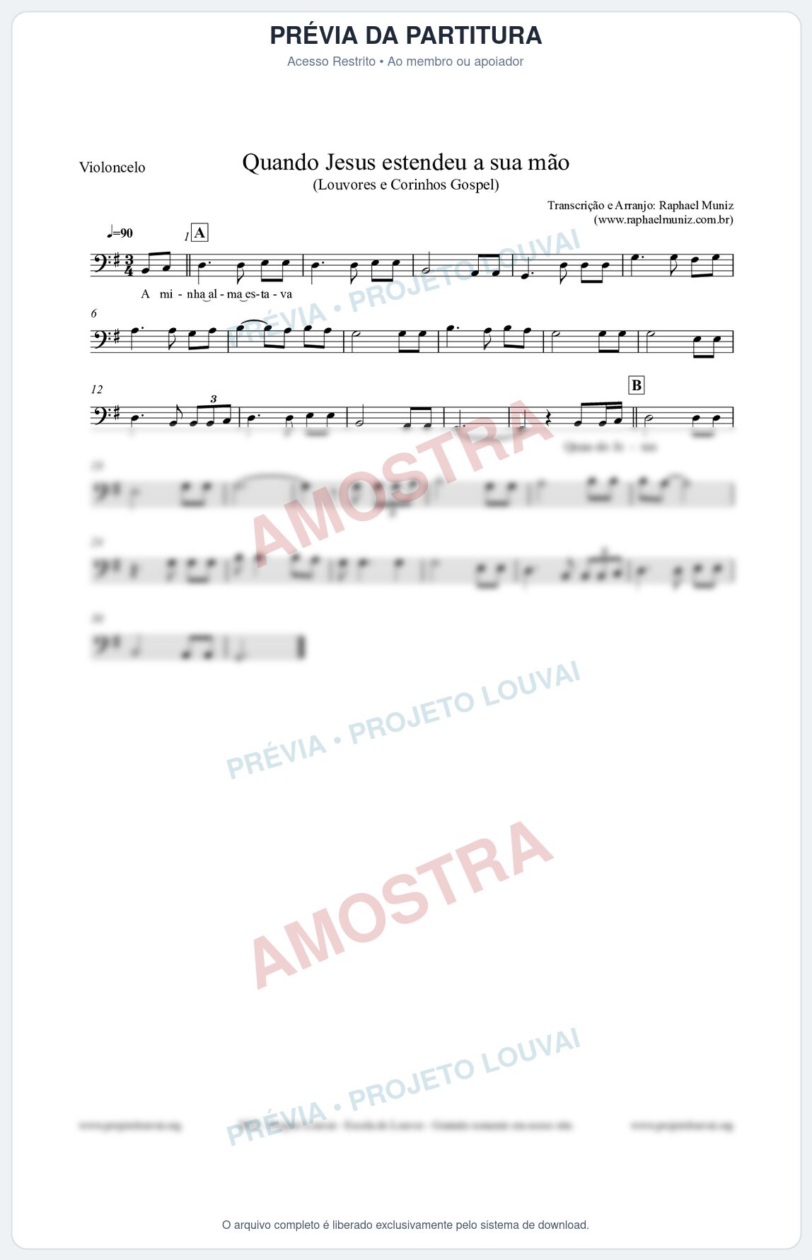 Prévia protegida da primeira página da partitura Partitura para Violoncelo - Quando Jesus estendeu a sua mão - Louvores e Corinhos Gospel