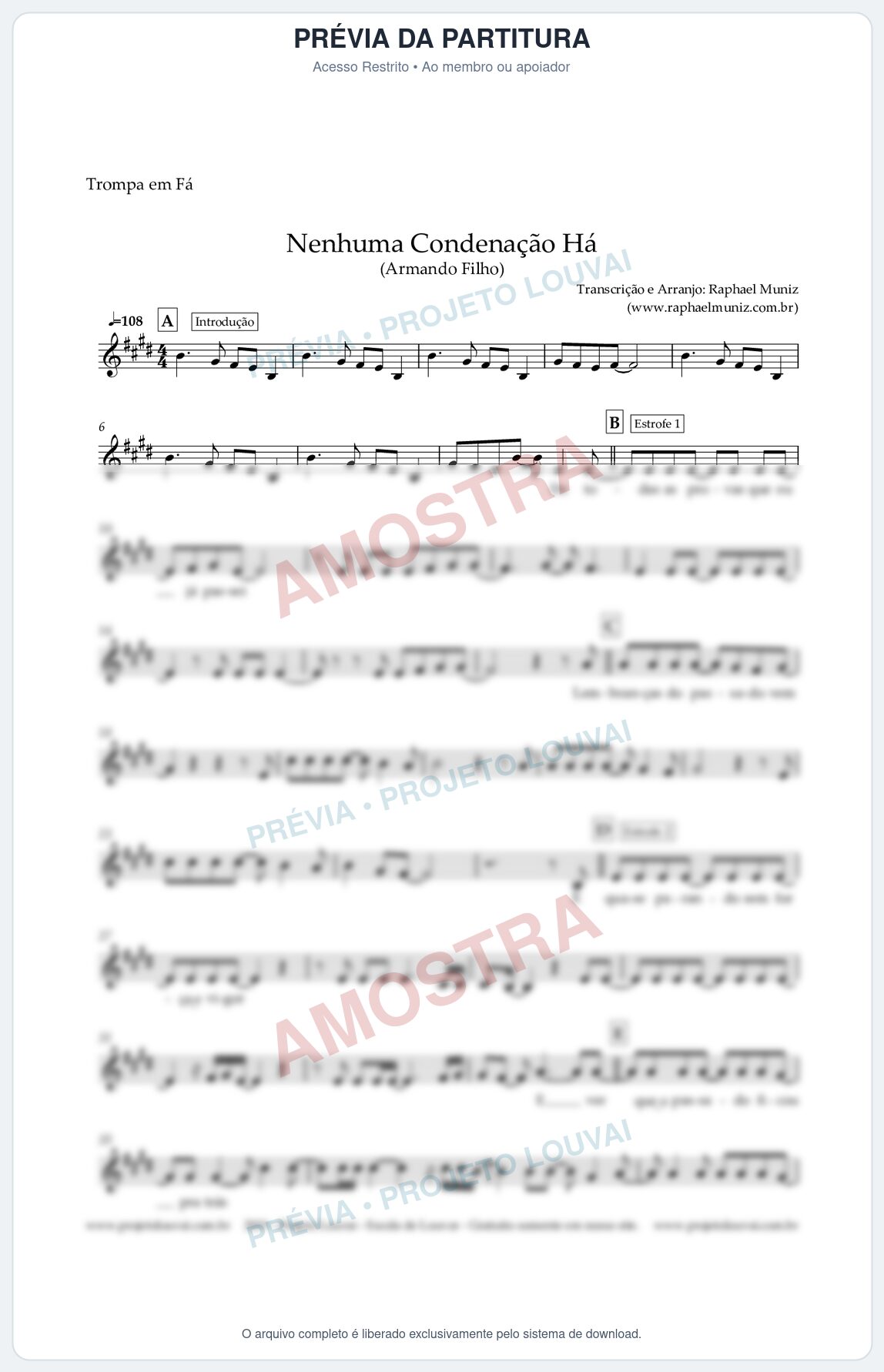 Prévia protegida da primeira página da partitura Partitura para Trompa - Nenhuma Condenação Há - Armando Filho