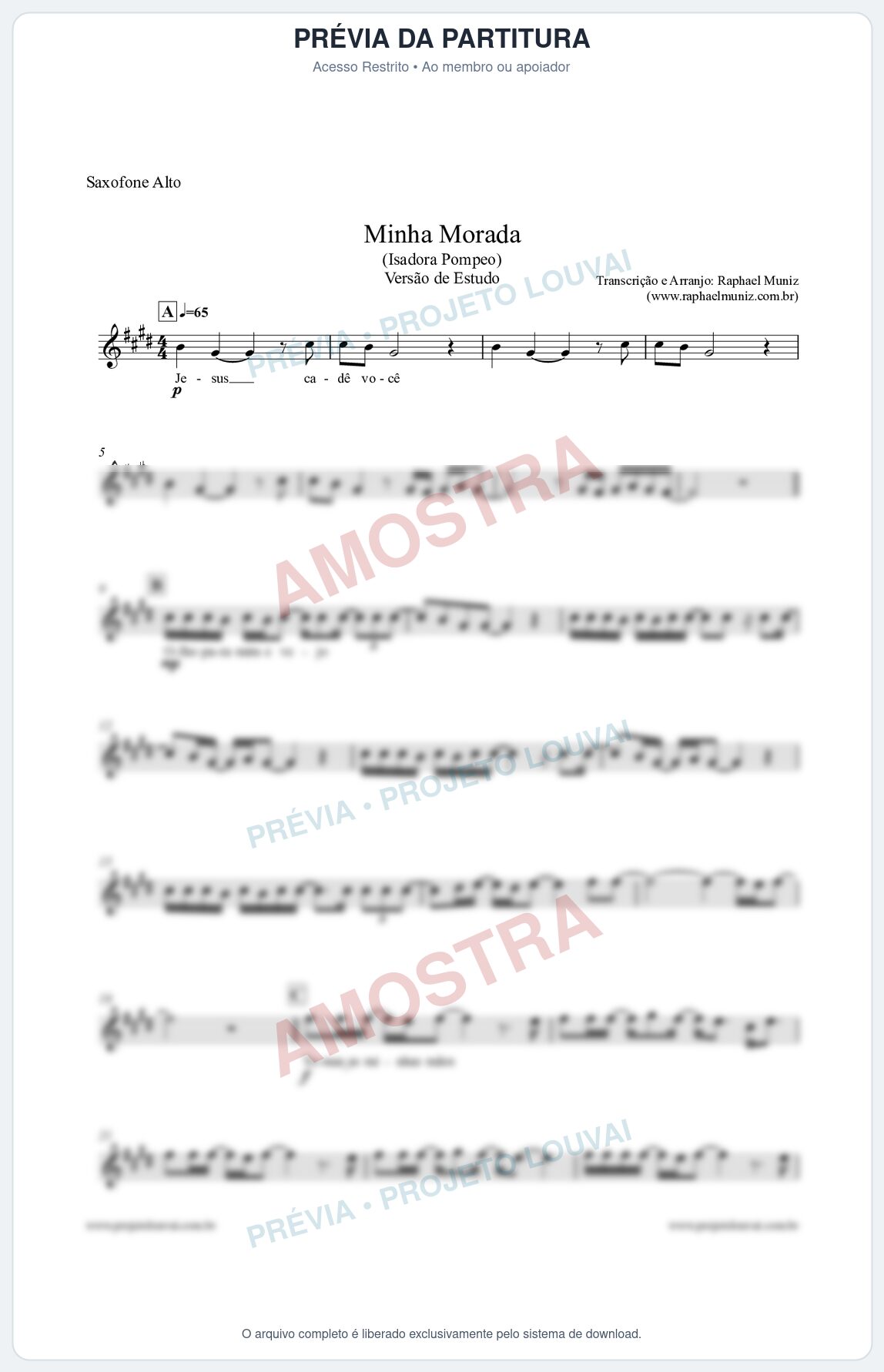 Prévia protegida da primeira página da partitura Partitura para Sax Alto - Minha Morada (Versão de Estudo) - Isadora Pompeo