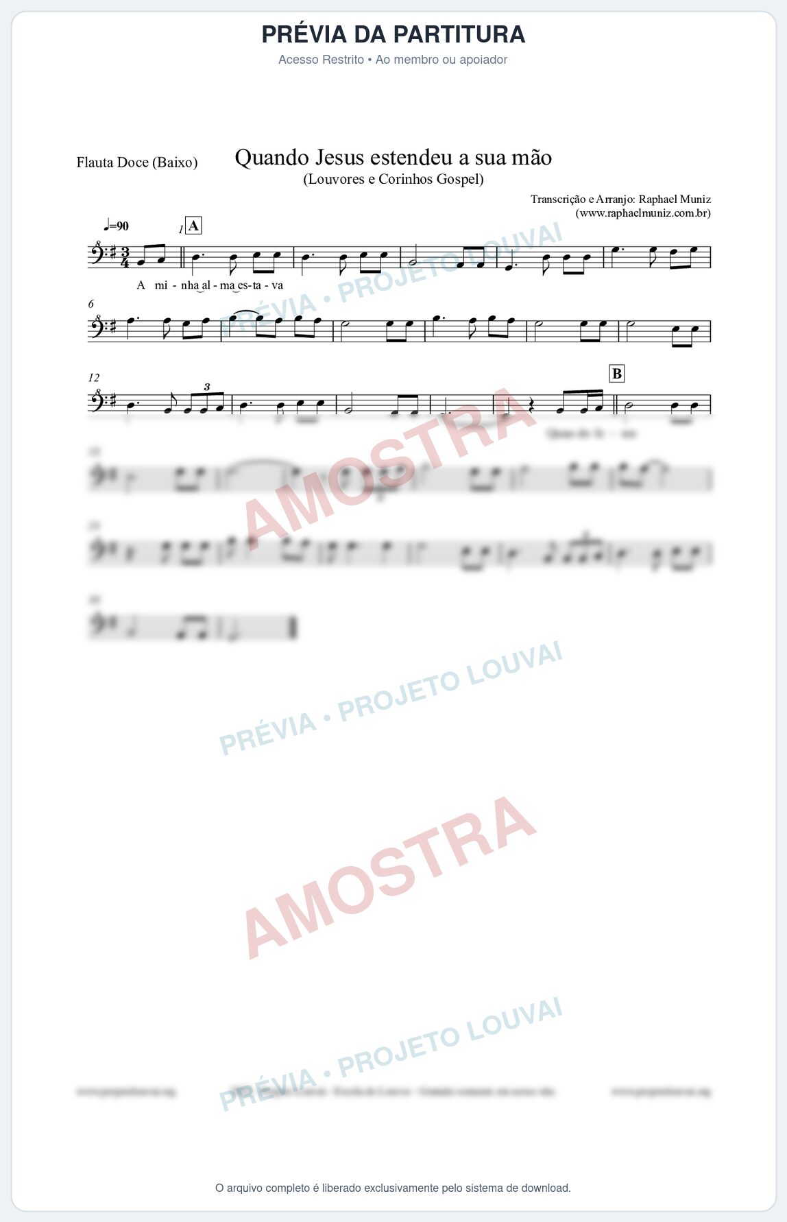 Prévia protegida da primeira página da partitura Partitura para Flauta Doce (Baixo) - Quando Jesus estendeu a sua mão - Louvores e Corinhos Gospel