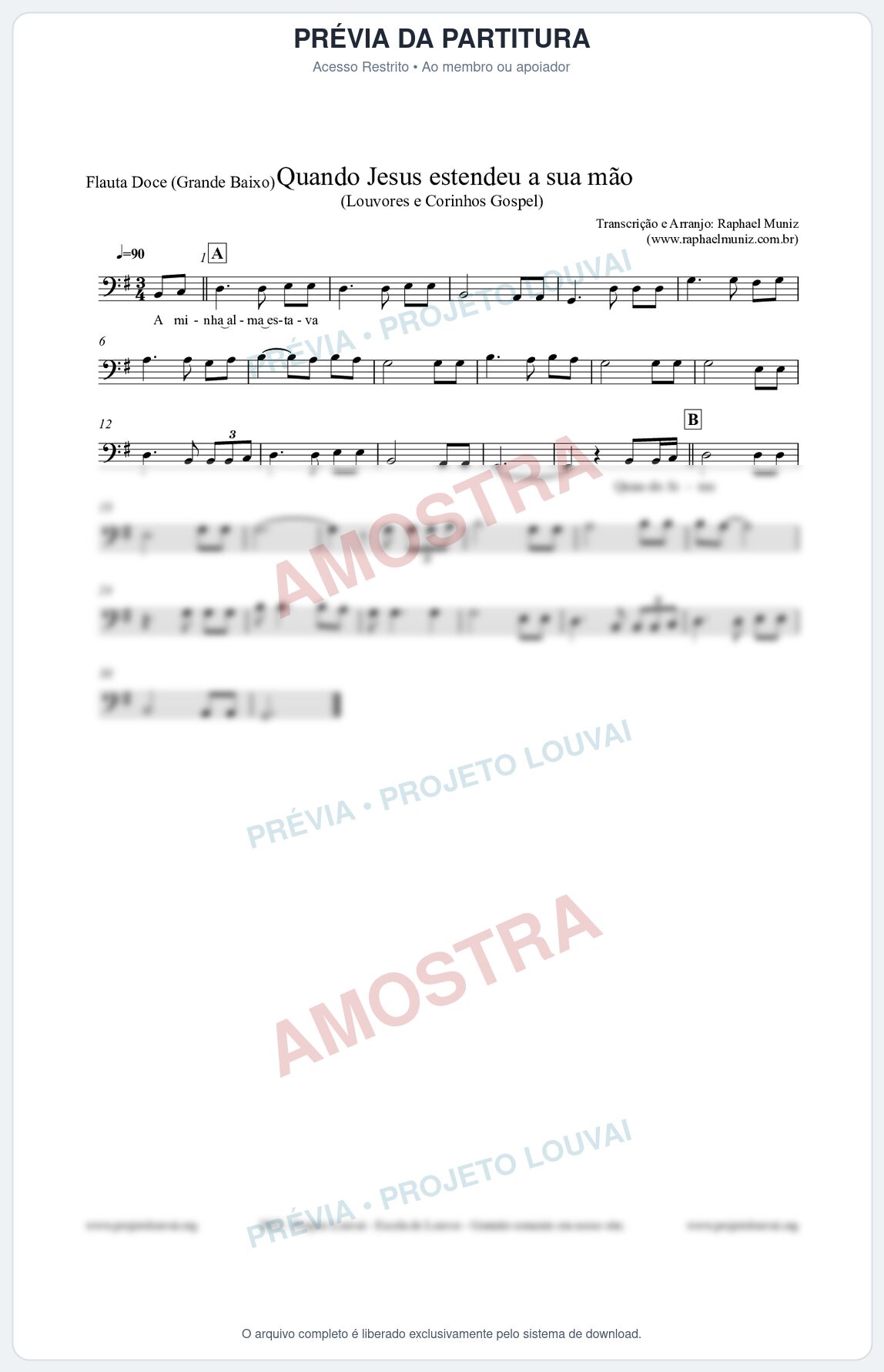 Prévia protegida da primeira página da partitura Partitura para Flauta Doce (Grande Baixo) - Quando Jesus estendeu a sua mão - Louvores e Corinhos Gospel