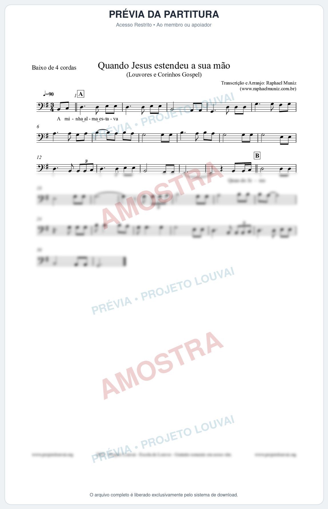 Prévia protegida da primeira página da partitura Partitura para Baixo de 4 cordas - Quando Jesus estendeu a sua mão - Louvores e Corinhos Gospel