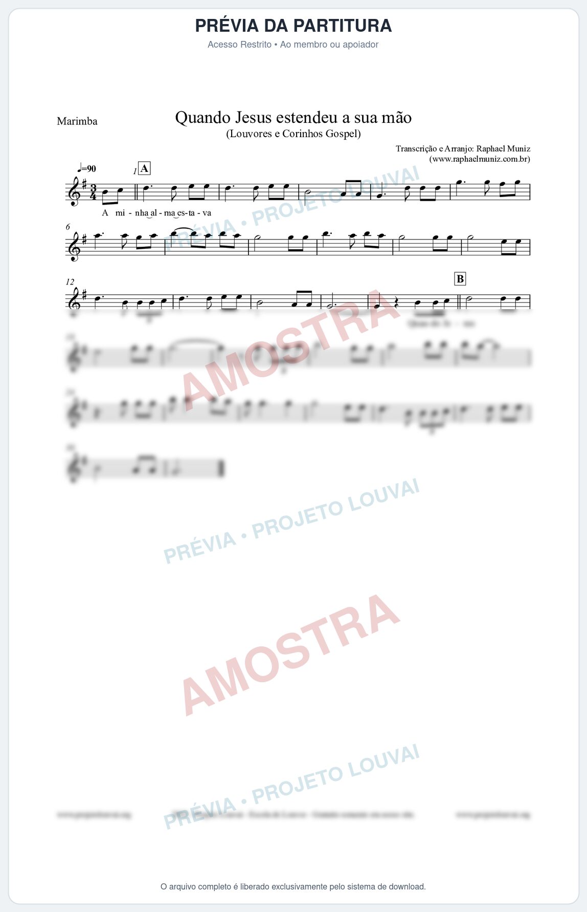 Prévia protegida da primeira página da partitura Partitura para Marimba - Quando Jesus estendeu a sua mão - Louvores e Corinhos Gospel