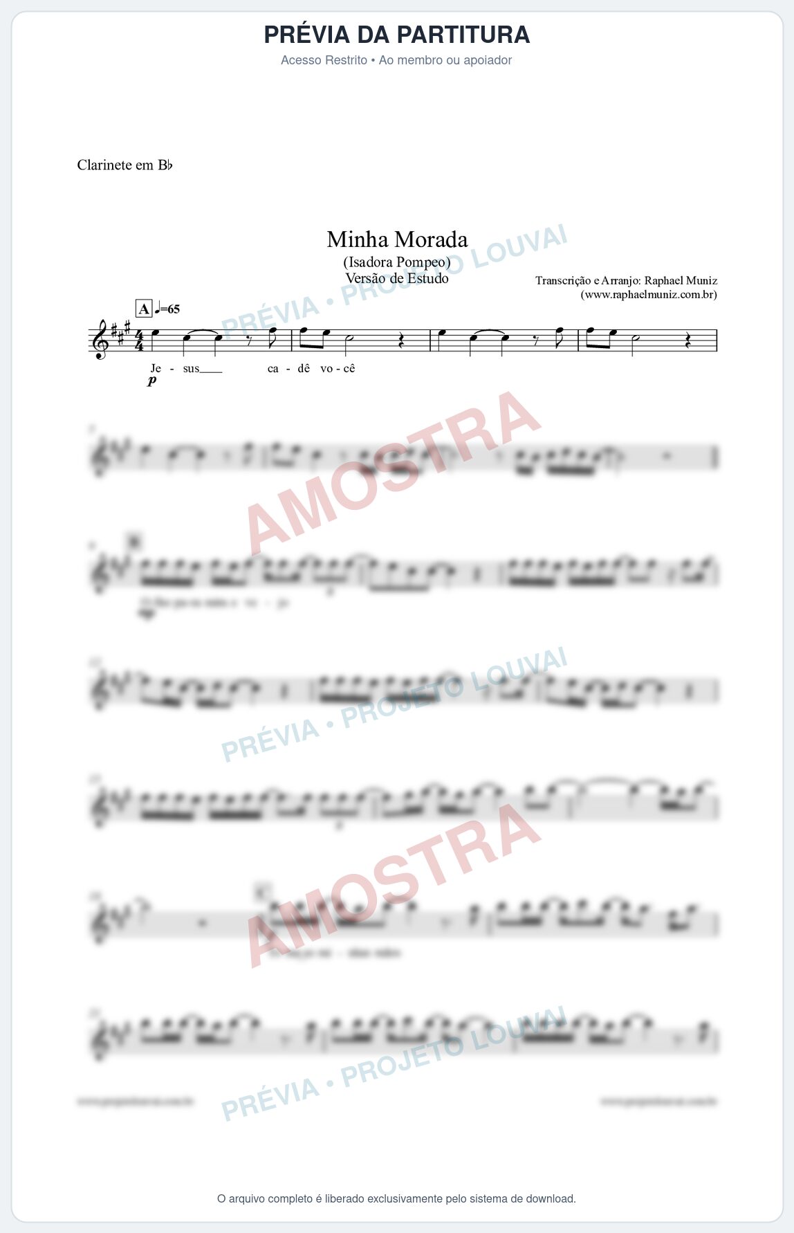 Prévia protegida da primeira página da partitura Partitura para Clarinete - Minha Morada (Versão de Estudo) - Isadora Pompeo