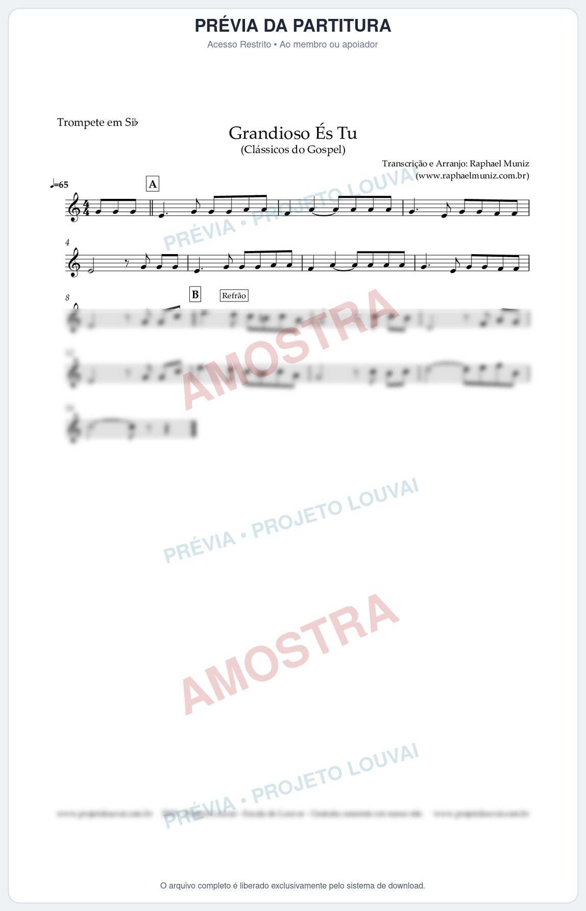 Prévia protegida da primeira página da partitura Partitura para Trompete em Bb - Grandiosos És Tu - Harpa Cristã nº 526 - Clássicos do Gospel