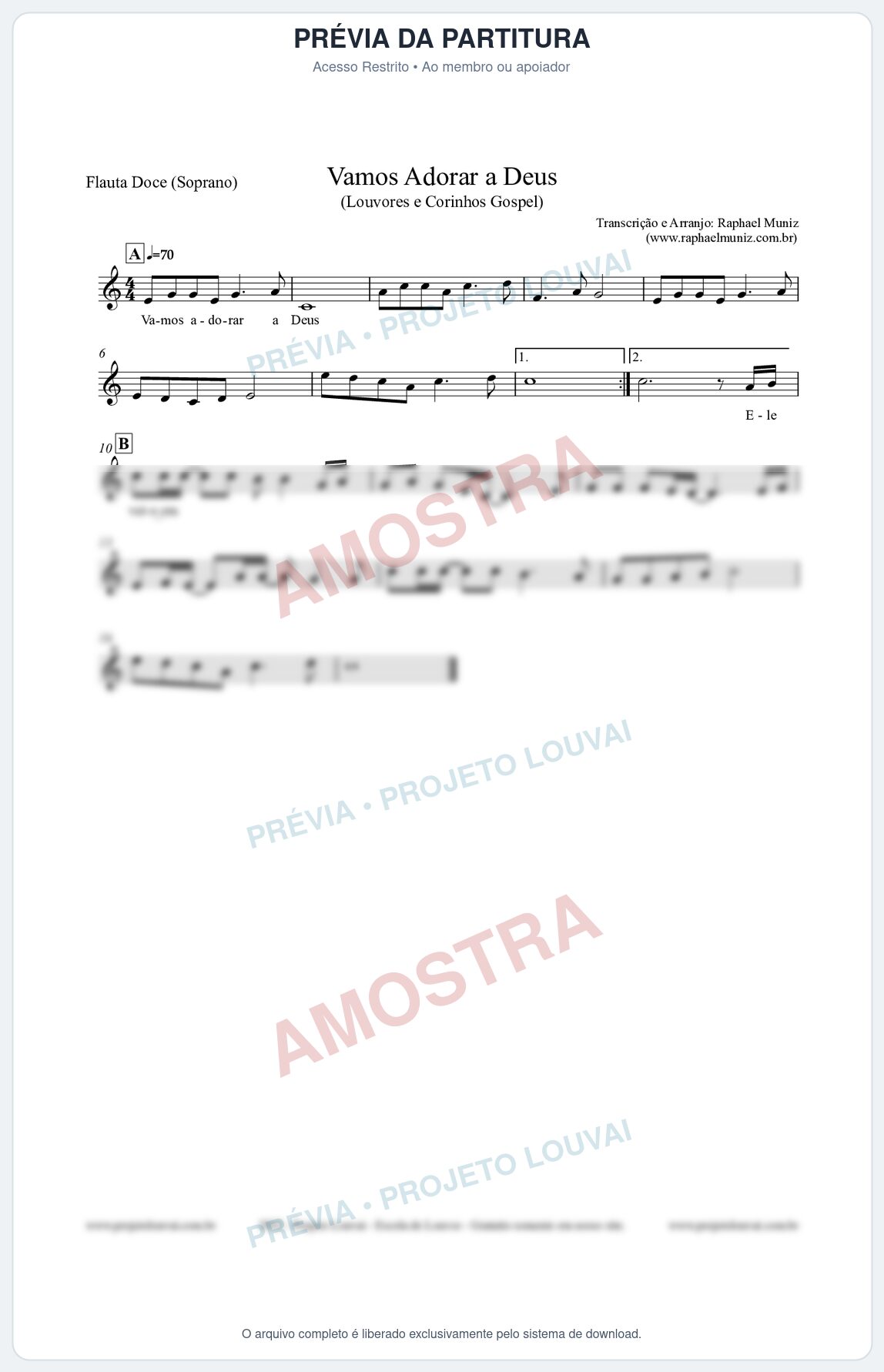 Prévia protegida da primeira página da partitura Partitura para Flauta Doce (Soprano) - Vamos Adorar a Deus - Louvores e Corinhos Gospel