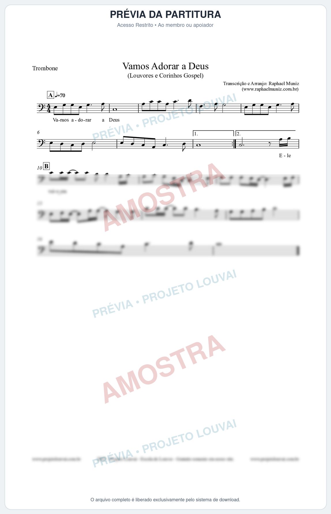 Prévia protegida da primeira página da partitura Partitura para Trombone - Vamos Adorar a Deus - Louvores e Corinhos Gospel