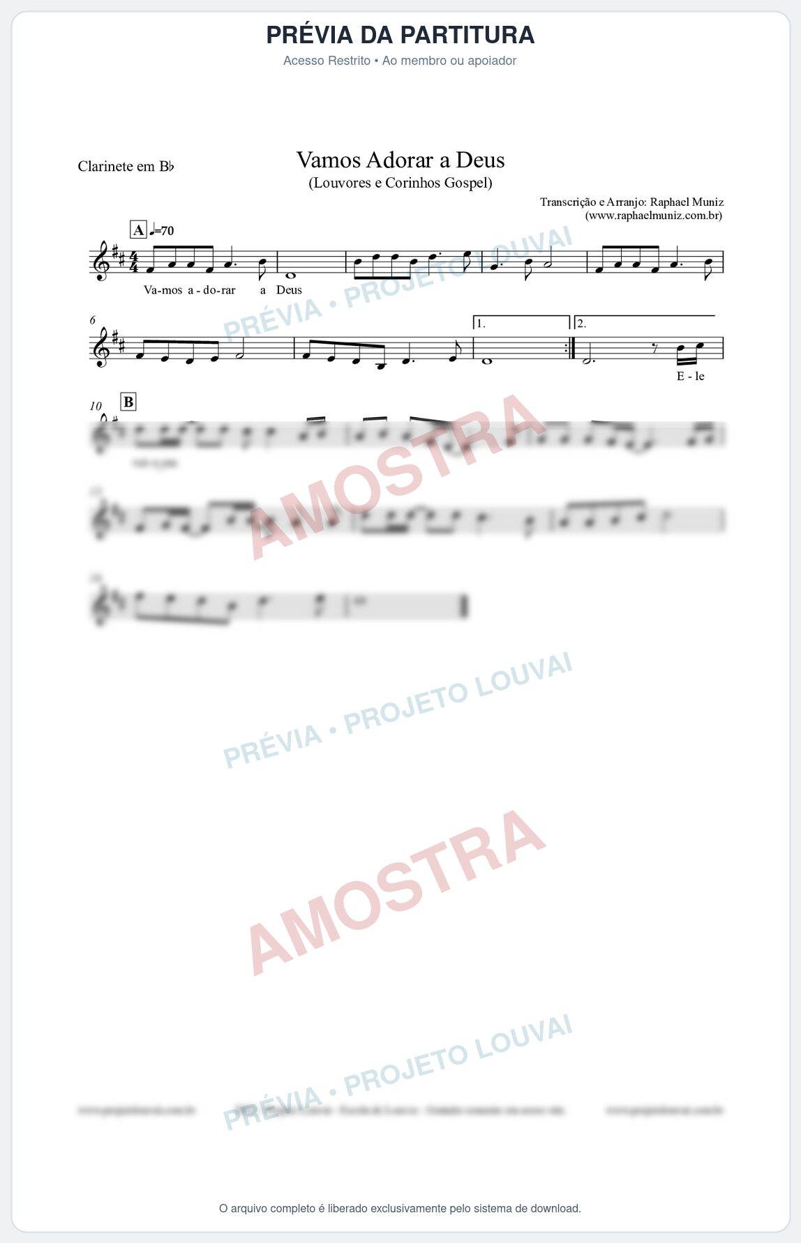 Prévia protegida da primeira página da partitura Partitura para Clarinete em Bb - Vamos Adorar a Deus - Louvores e Corinhos Gospel