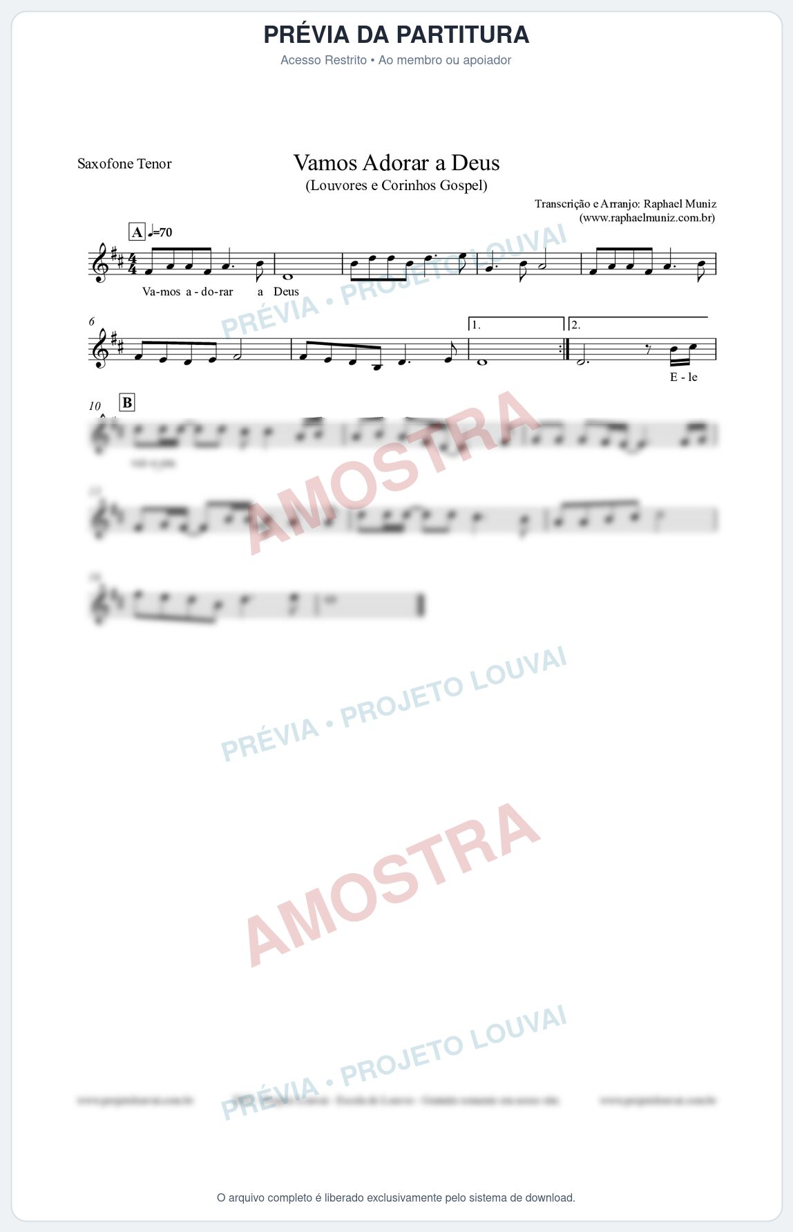 Prévia protegida da primeira página da partitura Partitura para Saxofone Tenor - Vamos Adorar a Deus - Louvores e Corinhos Gospel