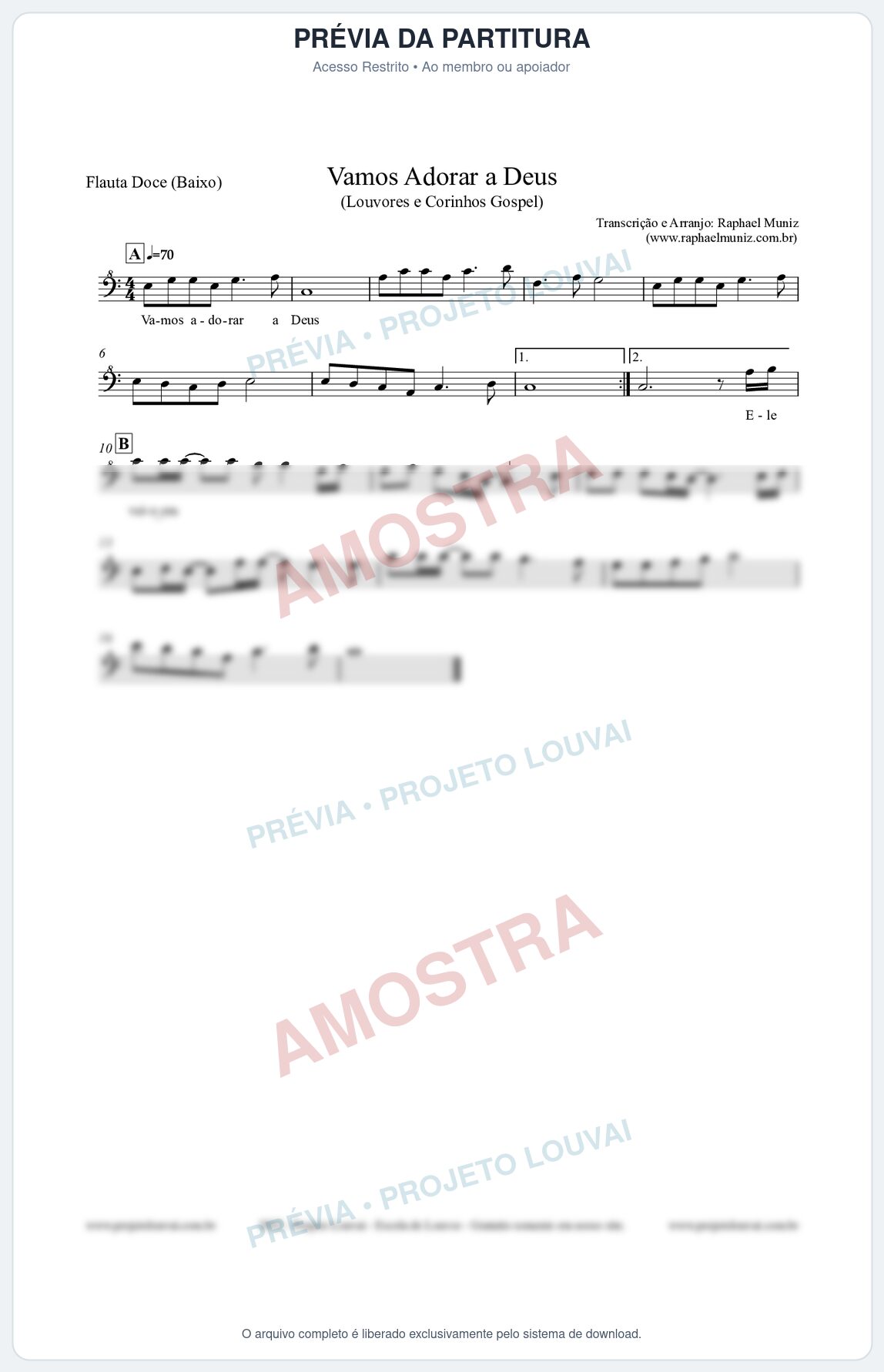 Prévia protegida da primeira página da partitura Partitura para Flauta Doce (Baixo) - Vamos Adorar a Deus - Louvores e Corinhos Gospel