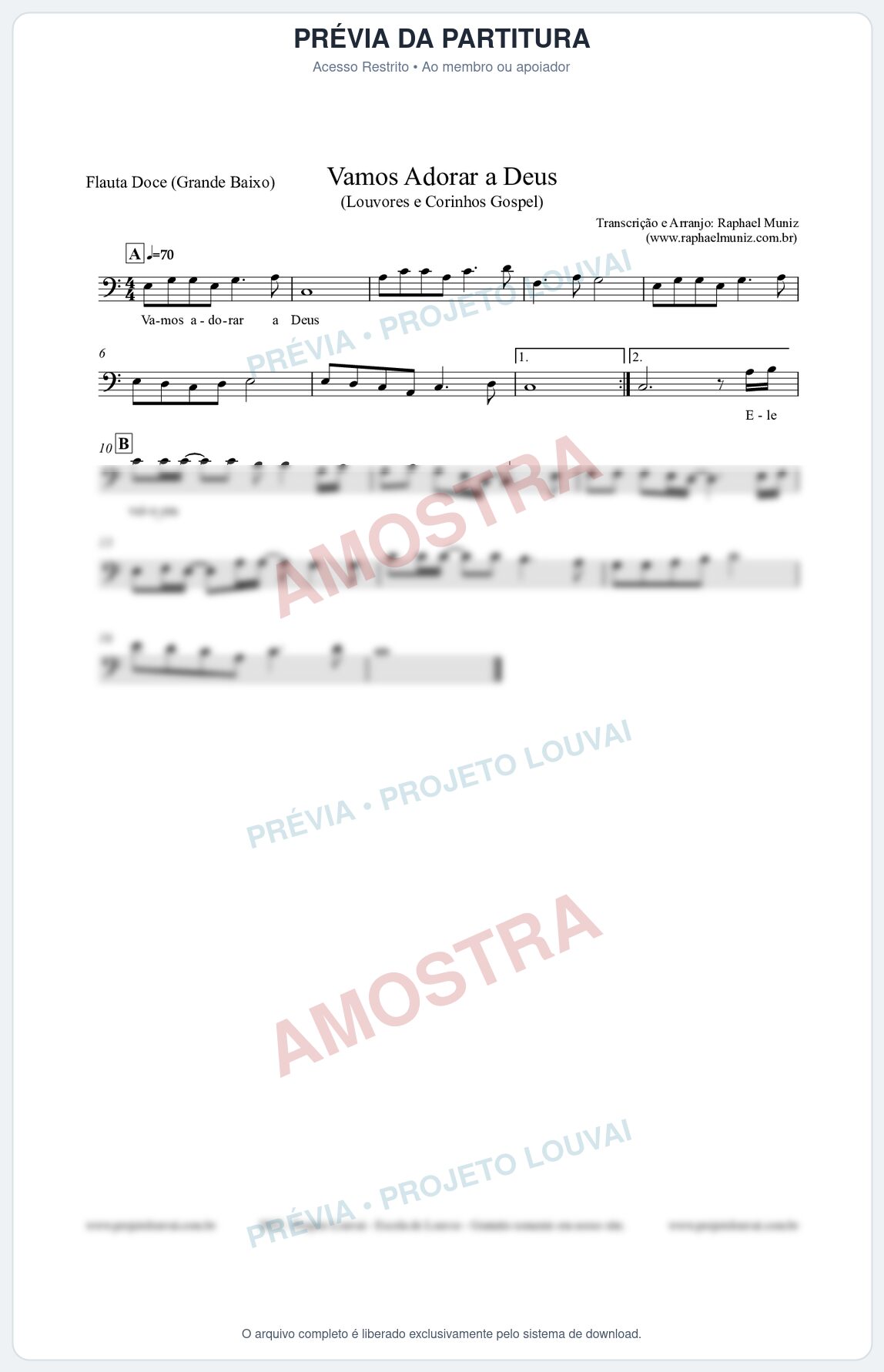 Prévia protegida da primeira página da partitura Partitura para Flauta Doce (Grande Baixo) - Vamos Adorar a Deus - Louvores e Corinhos Gospel