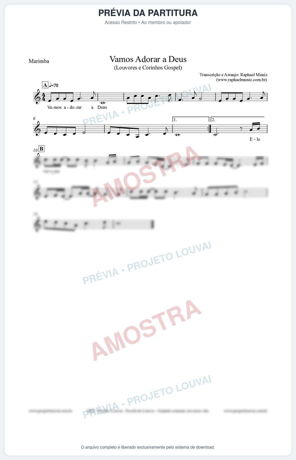 Prévia protegida da primeira página da partitura Partitura para Marimba - Vamos Adorar a Deus - Louvores e Corinhos Gospel