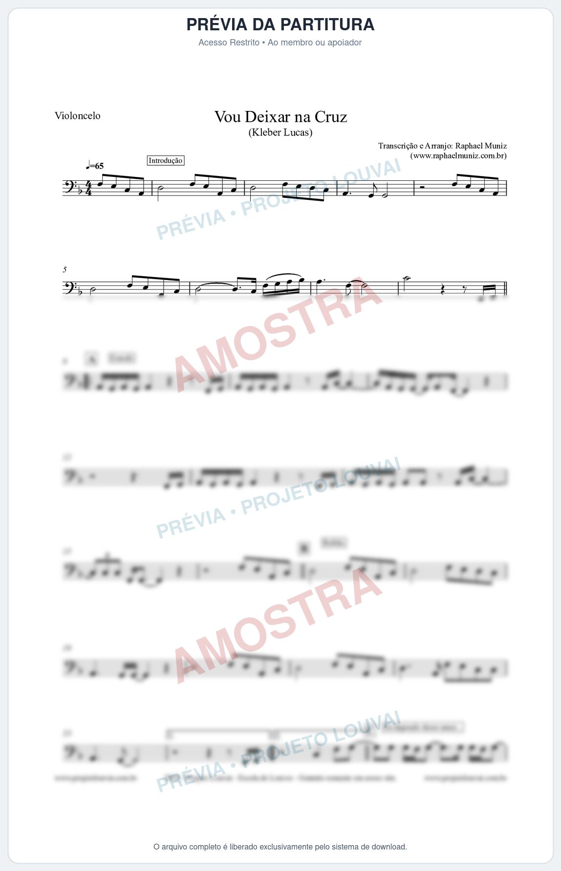 Prévia protegida da primeira página da partitura Partitura para Violoncelo - Vou Deixar na Cruz - Kleber Lucas