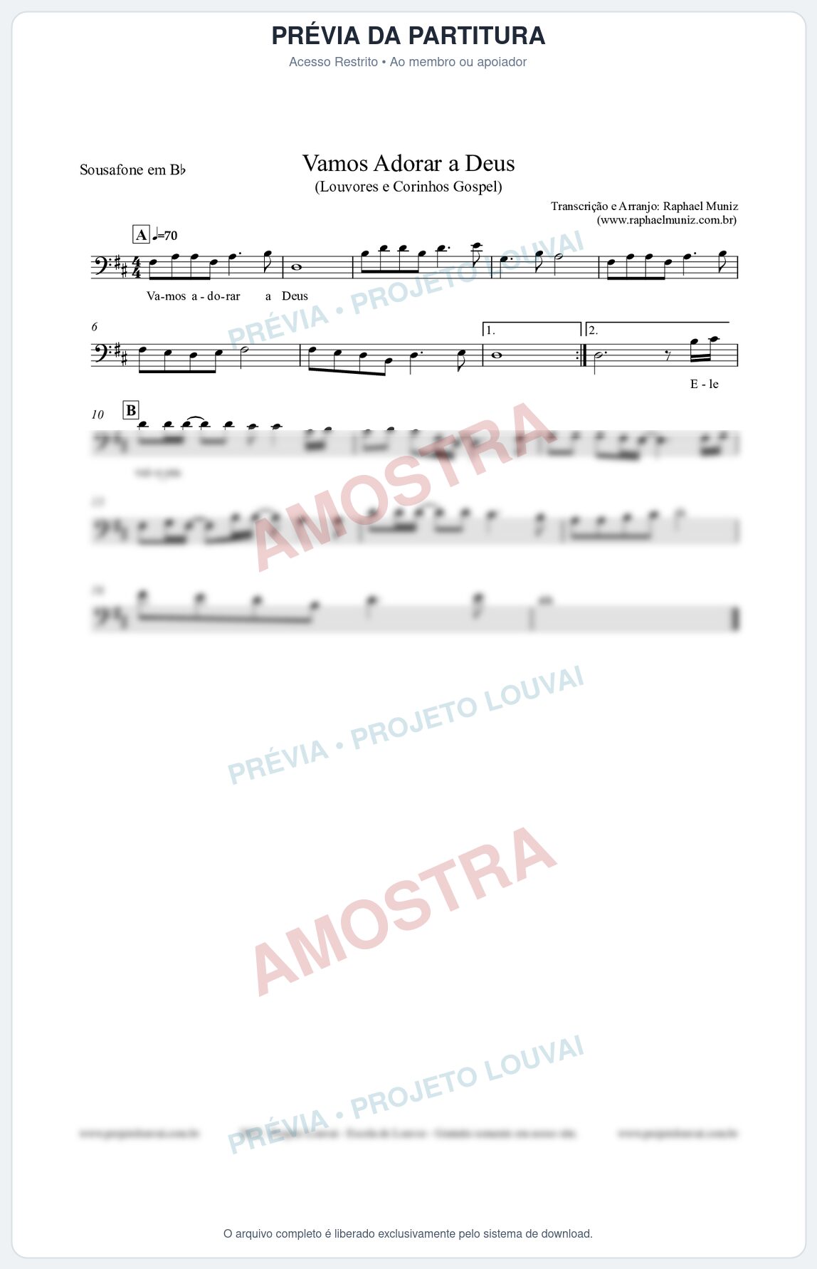 Prévia protegida da primeira página da partitura Partitura para Sousafone em Bb - Vamos Adorar a Deus - Louvores e Corinhos Gospel