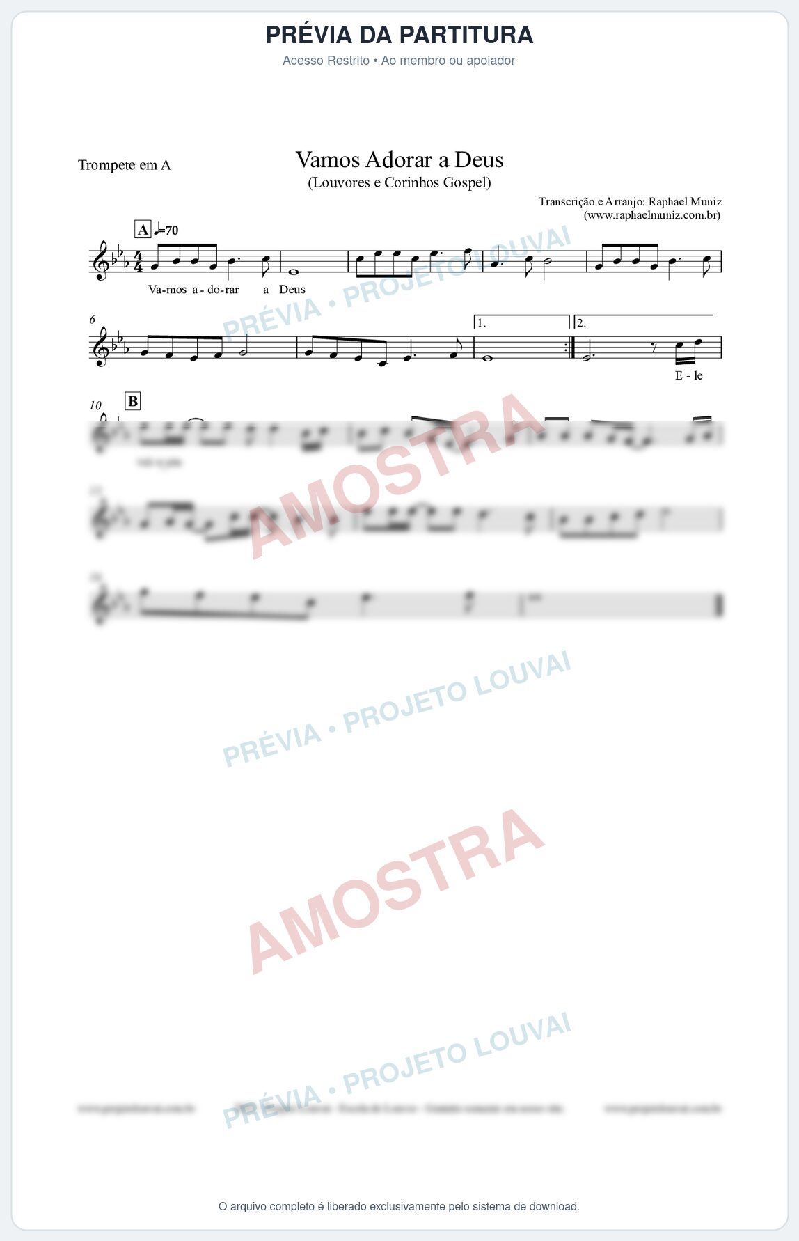 Prévia protegida da primeira página da partitura Partitura para Trompete em A - Vamos Adorar a Deus - Louvores e Corinhos Gospel