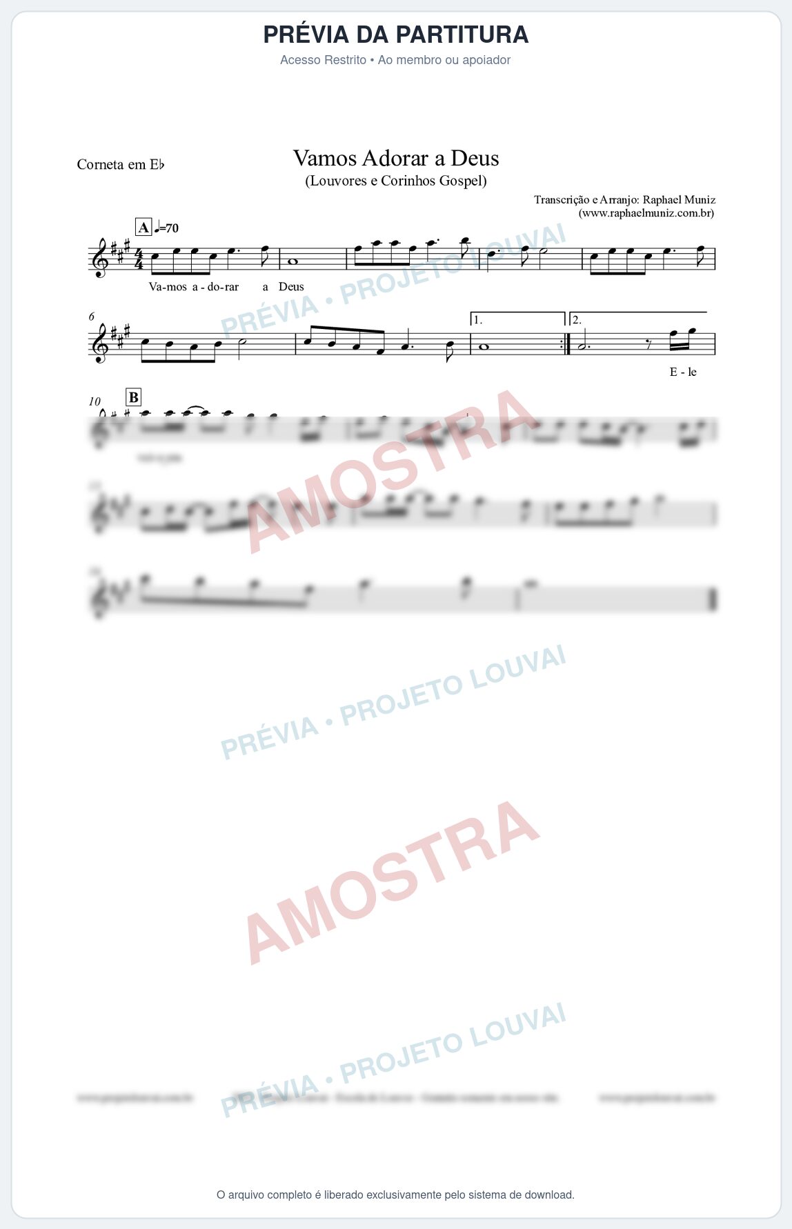 Prévia protegida da primeira página da partitura Partitura para Corneta em Eb - Vamos Adorar a Deus - Louvores e Corinhos Gospel