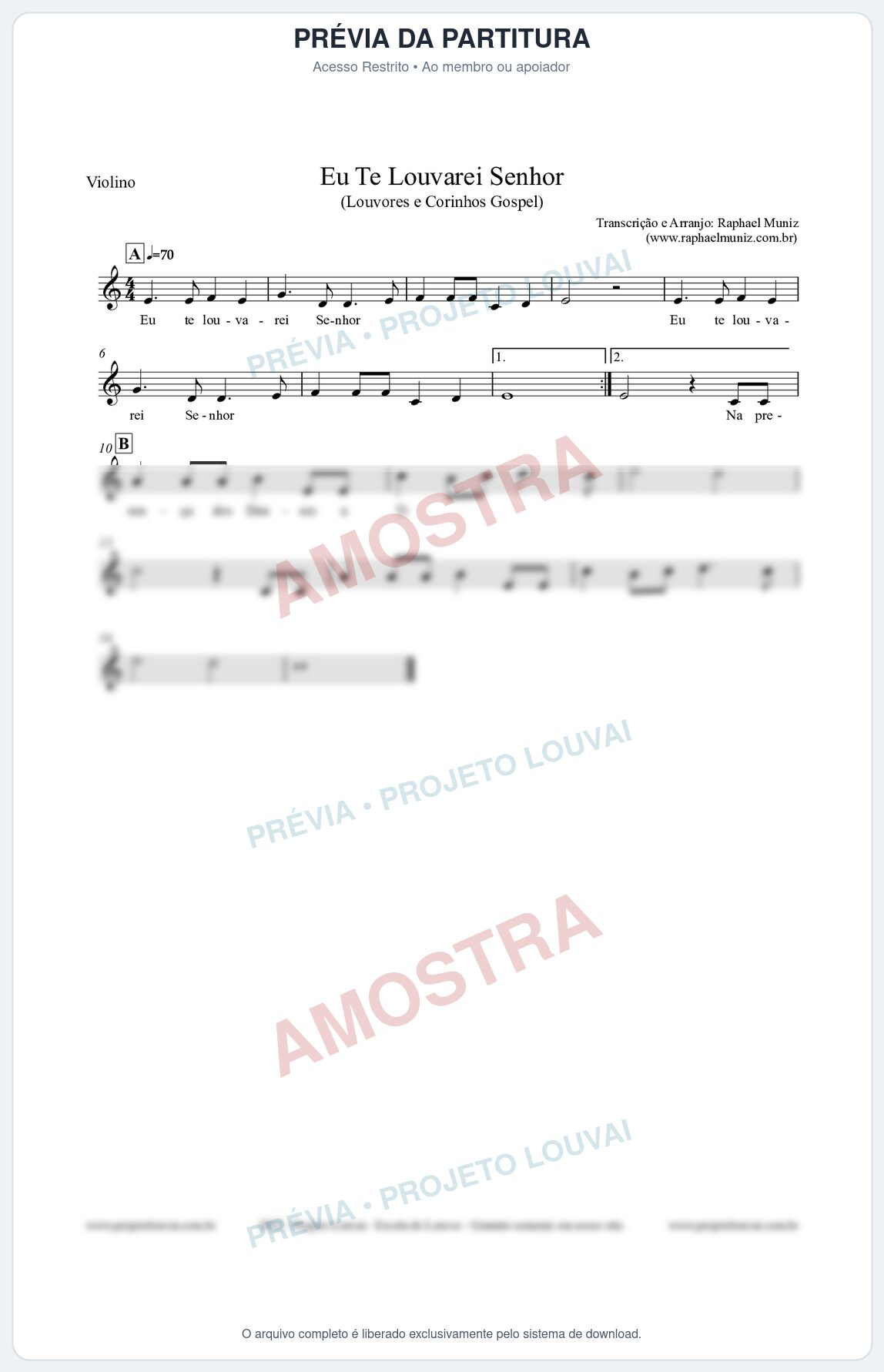 Prévia protegida da primeira página da partitura Partitura para Violino - Eu Te Louvarei Senhor - Louvores e Corinhos Gospel