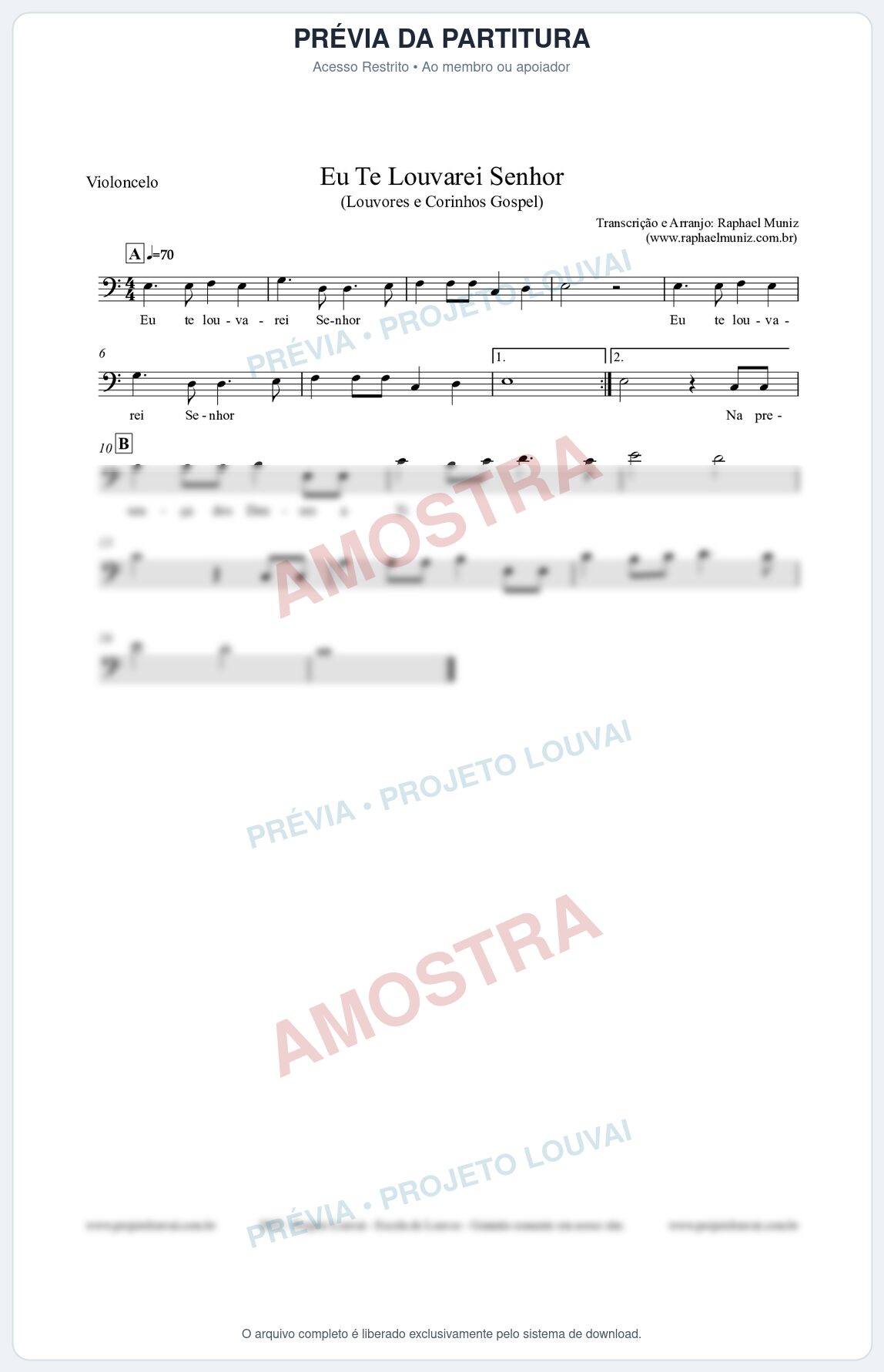 Prévia protegida da primeira página da partitura Partitura para Violoncelo - Eu Te Louvarei Senhor - Louvores e Corinhos Gospel