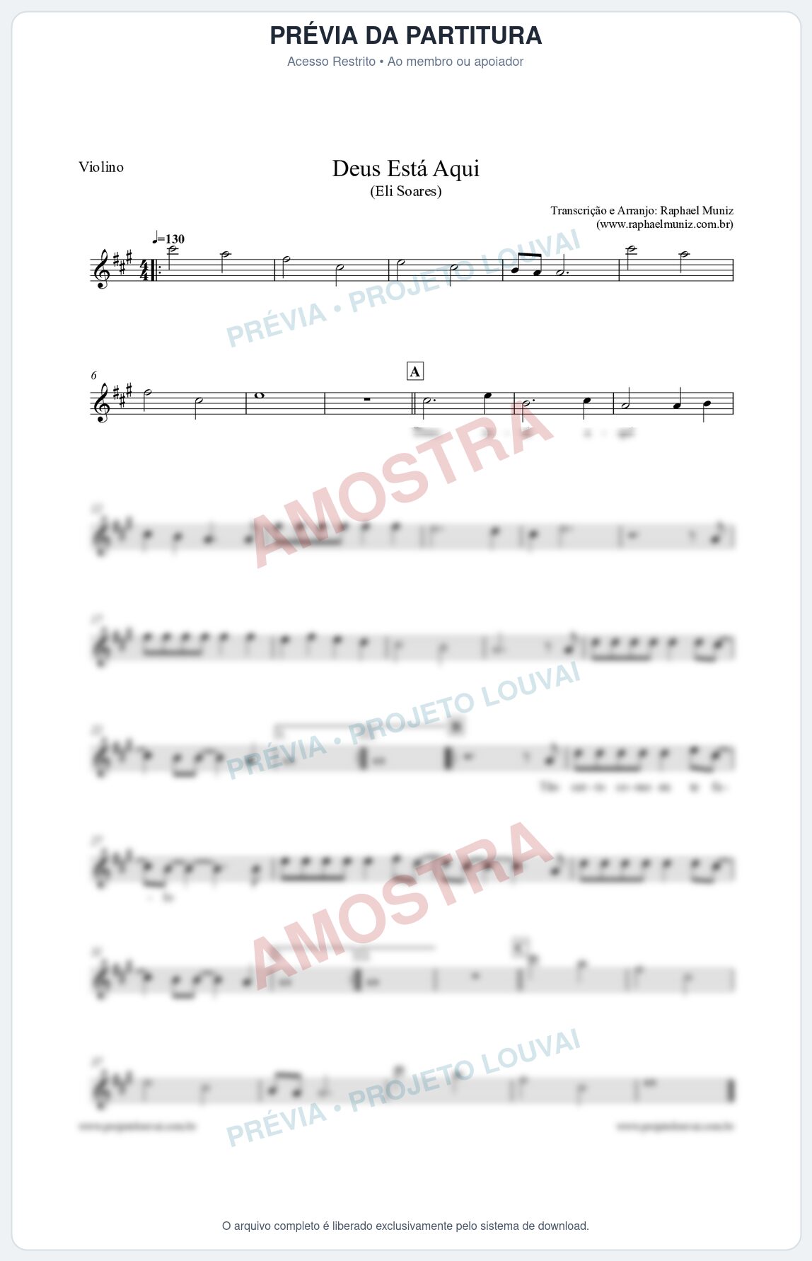 Prévia protegida da primeira página da partitura Partitura para Violino - Deus Está Aqui - Eli Soares