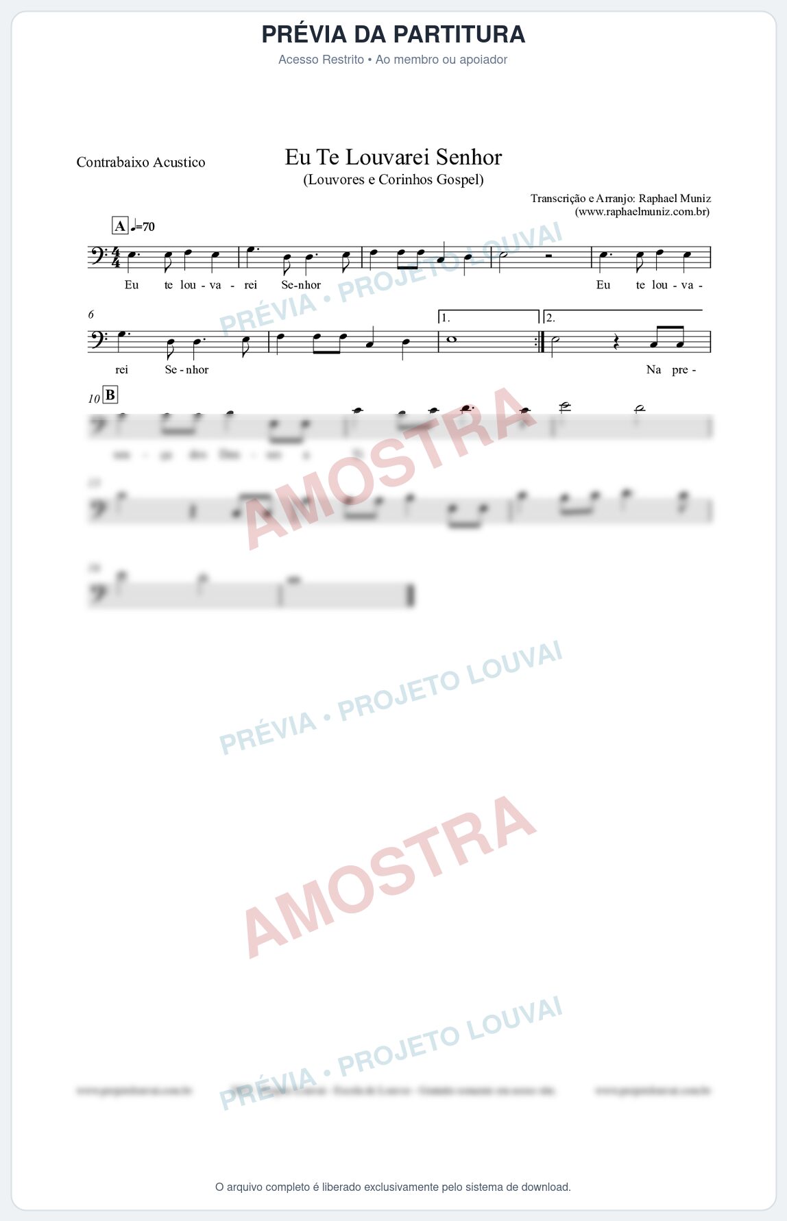 Prévia protegida da primeira página da partitura Partitura para Contrabaixo Acústico - Eu Te Louvarei Senhor - Louvores e Corinhos Gospel
